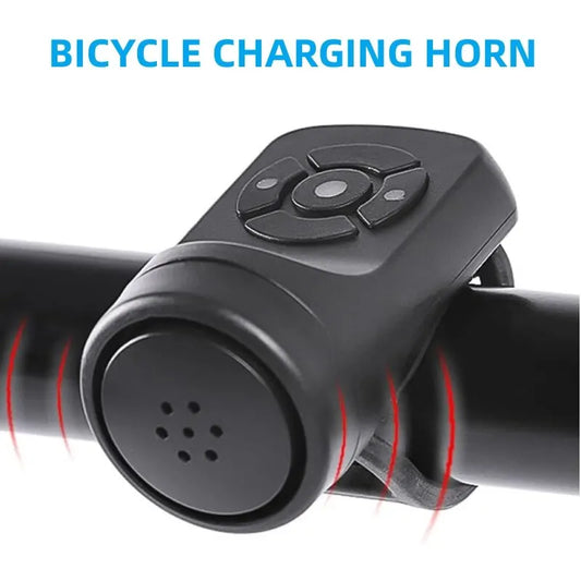 An Bicycle Electric Bell Bike USB Charging Horn mounted on MTB mountain bike handlebars, featuring a prominent speaker and operational buttons.