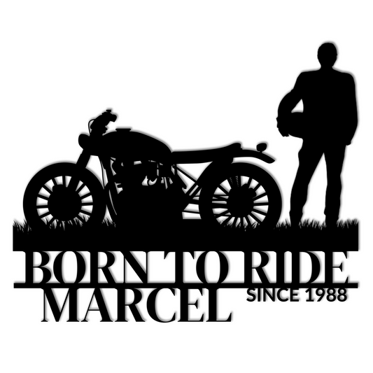 Golden Value SG Born To Ride Custom Motorcycle Sign Personalized Name Metal Wall Art featuring silhouette of a person standing next to a motorcycle with the text &quot;Born To Ride Marcel Since 1988&quot; overhead, perfect for Garage Decor.