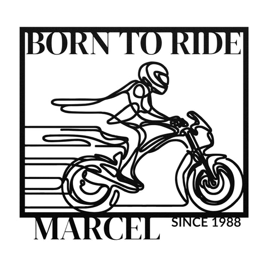 The Biking Metal Line Art, featuring a motorcyclist with the text "Born to Ride Marcel Since 1988," makes for a stunning home decor piece. Crafted from durable 18 gauge steel, this metal sign is built to last.