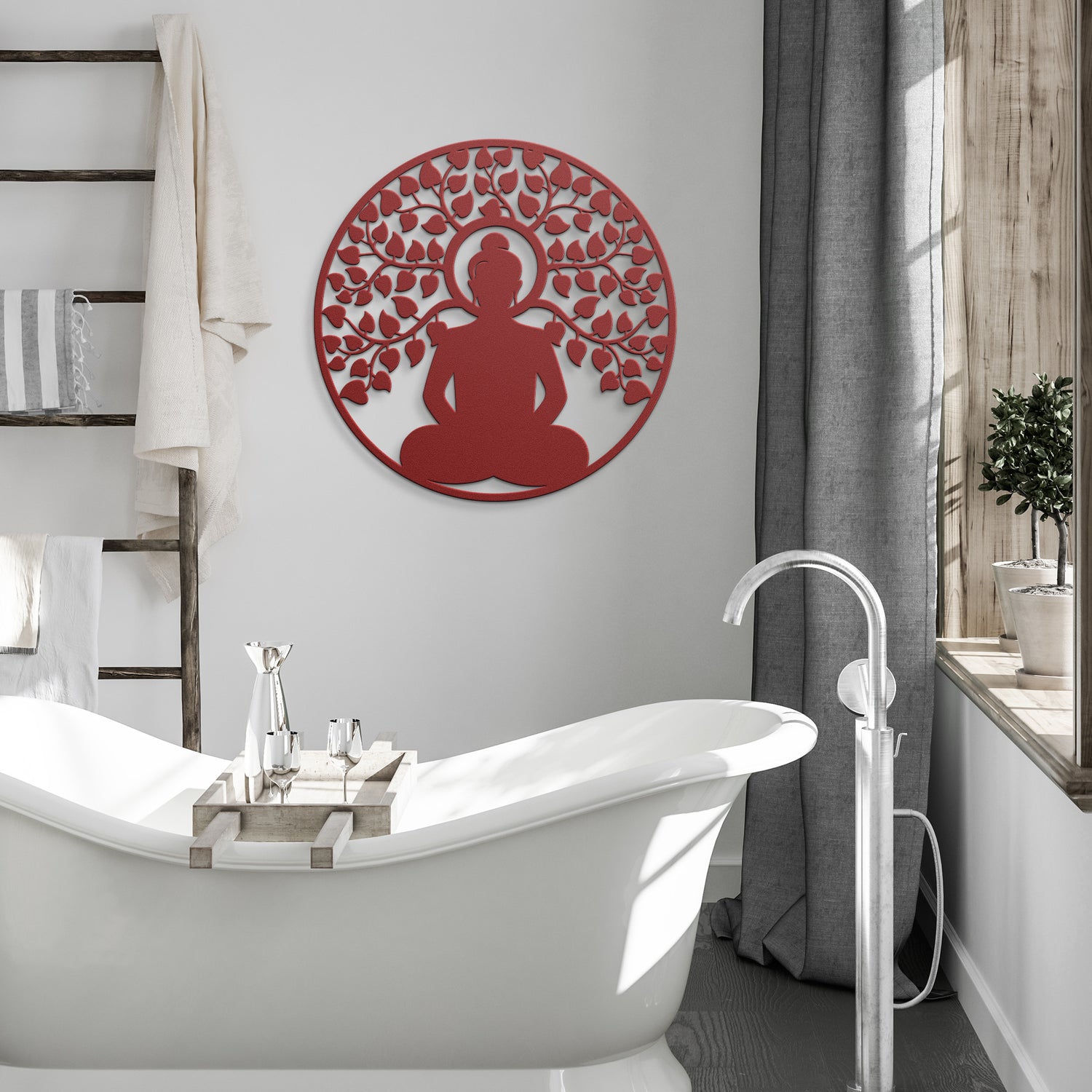 A wooden door with an arched window and brass handle is set in a brick wall. A round, powder-coated metal sign featuring the Buddhist Mandala Metal Art depicting a meditating figure under a tree and a potted plant are next to the door, adding charm to the home decor.