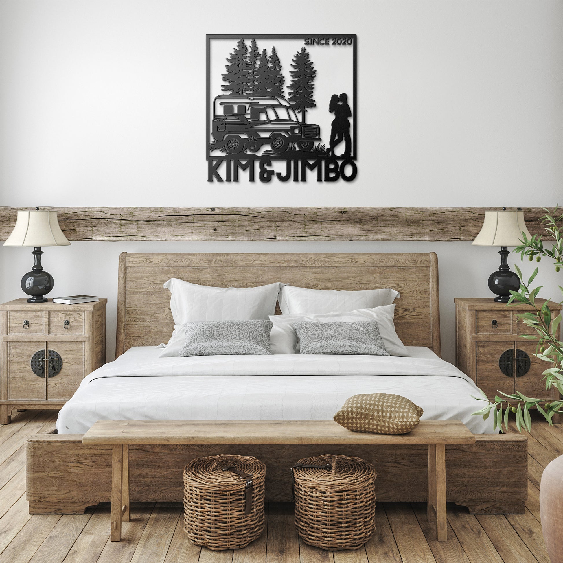 The Camping Couple Metal Art features a silhouette of a camper van, trees, and a couple embracing, with the text "Kim & Jimbo" below and "Since 2020" in the top right corner. This powder-coated metal sign makes for charming home decor.