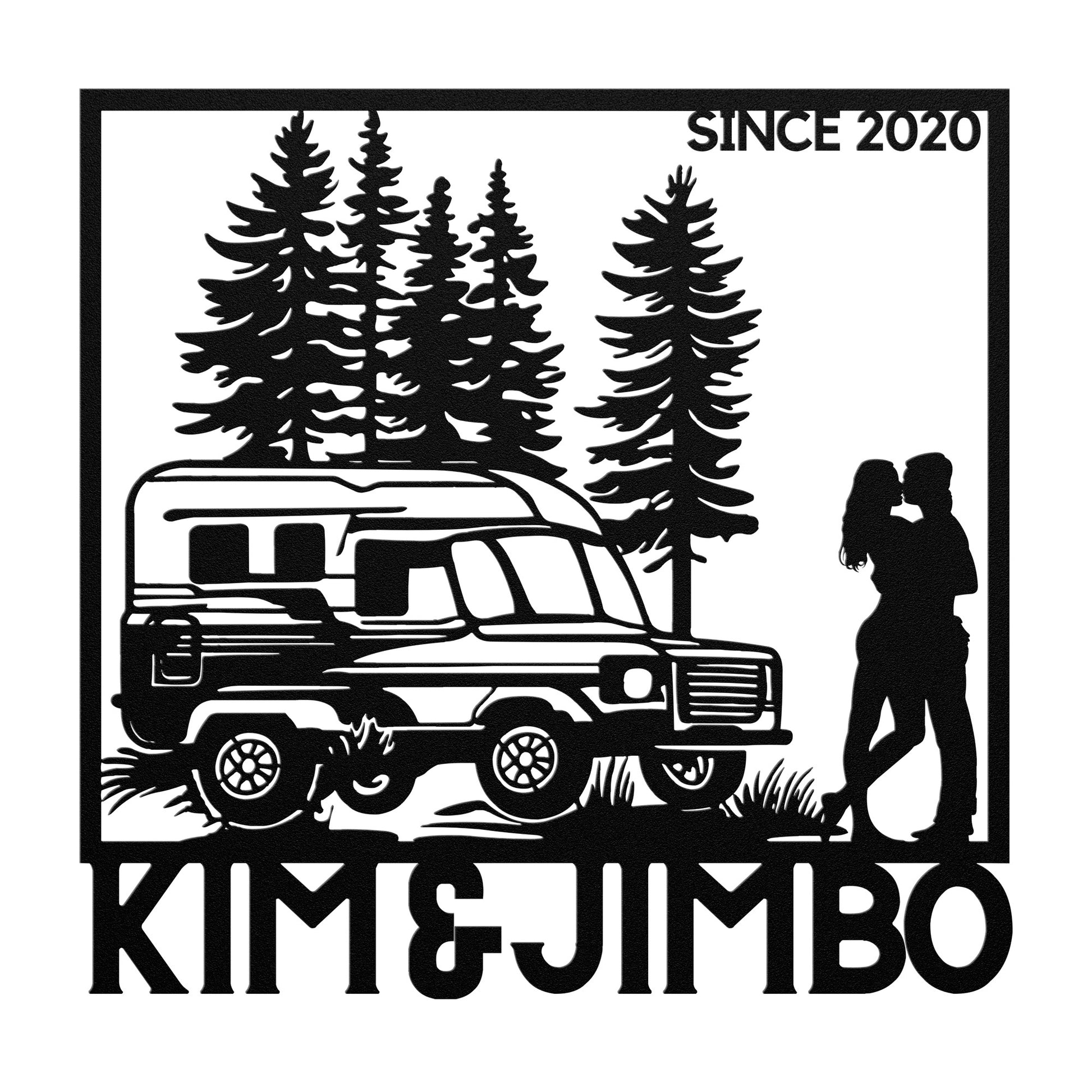 Silhouette of a couple kissing next to a camper van with trees in the background. Text reads "KIM & JIMBO" and "SINCE 2020". The Custom Camping Couple Metal Art, crafted from durable 18 gauge steel, makes for perfect home decor.