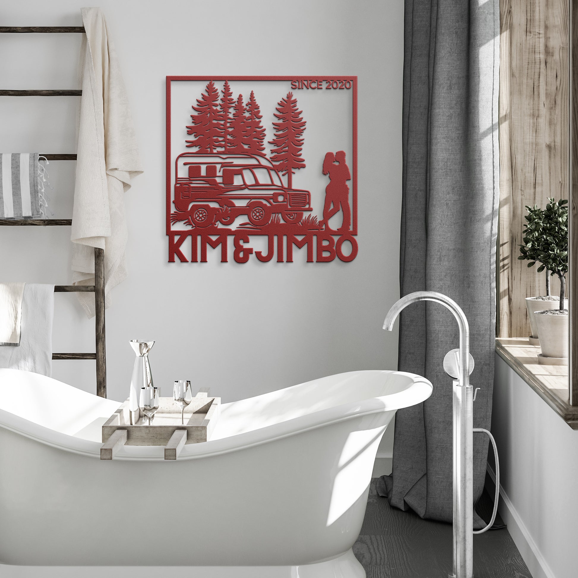 The Camping Couple Metal Art features a silhouette of a camper van, trees, and a couple embracing, with the text "Kim & Jimbo" below and "Since 2020" in the top right corner. This powder-coated metal sign makes for charming home decor.