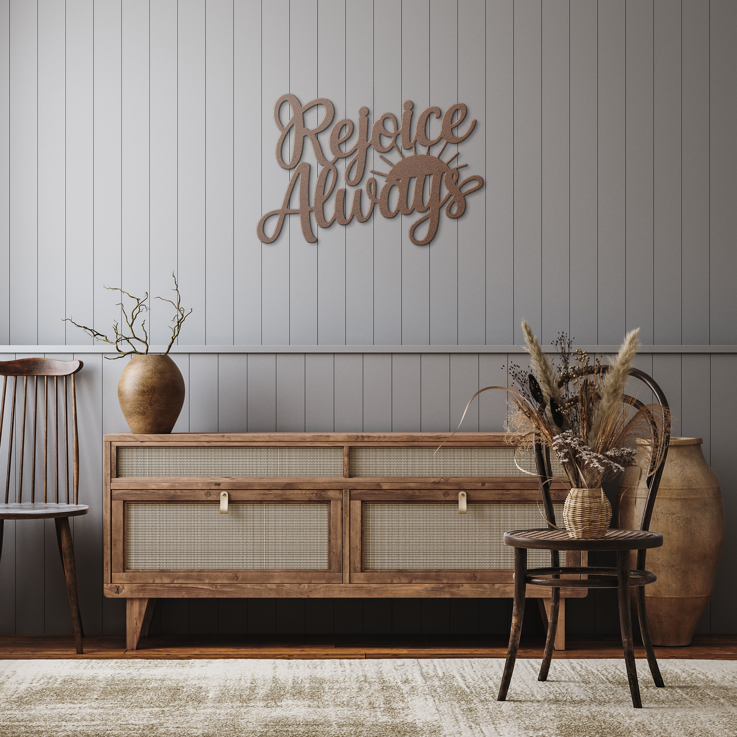 Christian_Metal_Sign_-_Rejoice_Always_Copper_Rustic_Hallway_Mockup.png