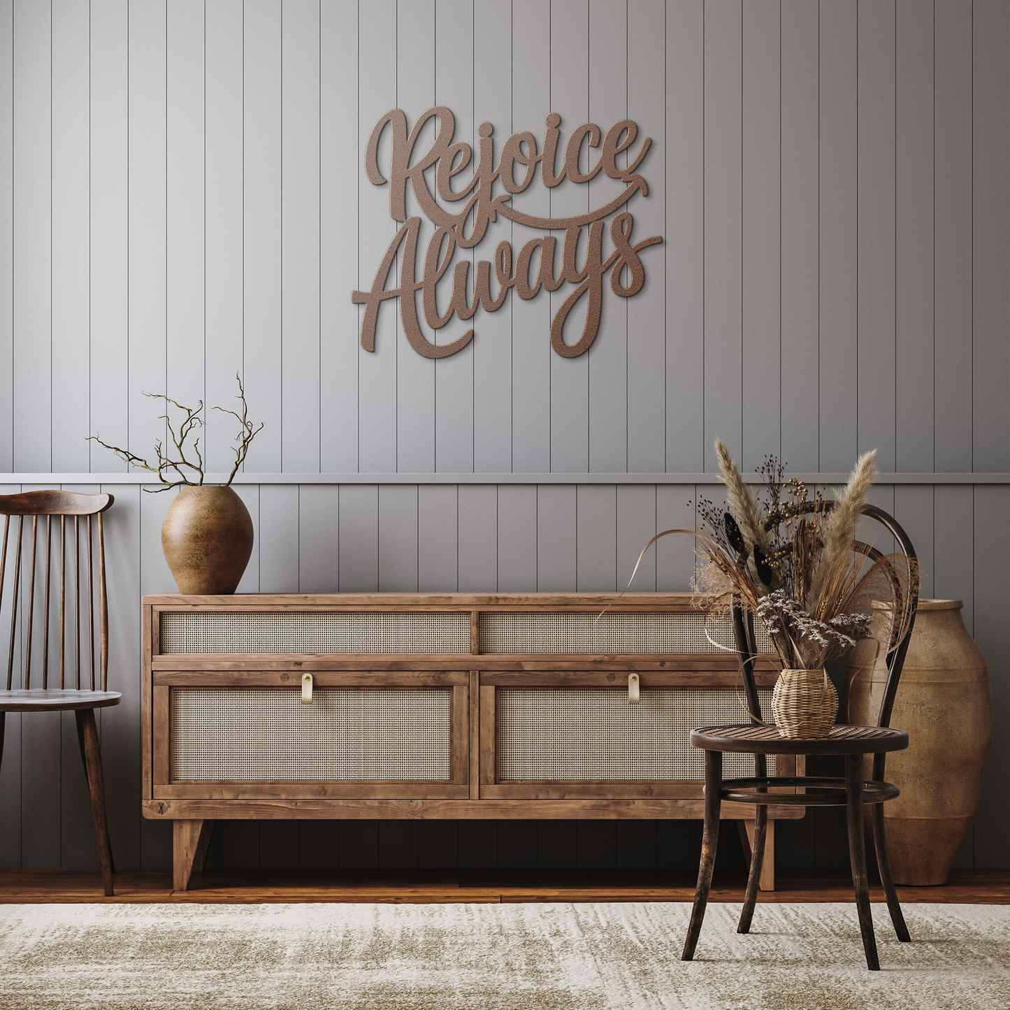 Christian_Metal_Sign_-_Rejoice_Always_Copper_Rustic_Hallway_Mockup.png