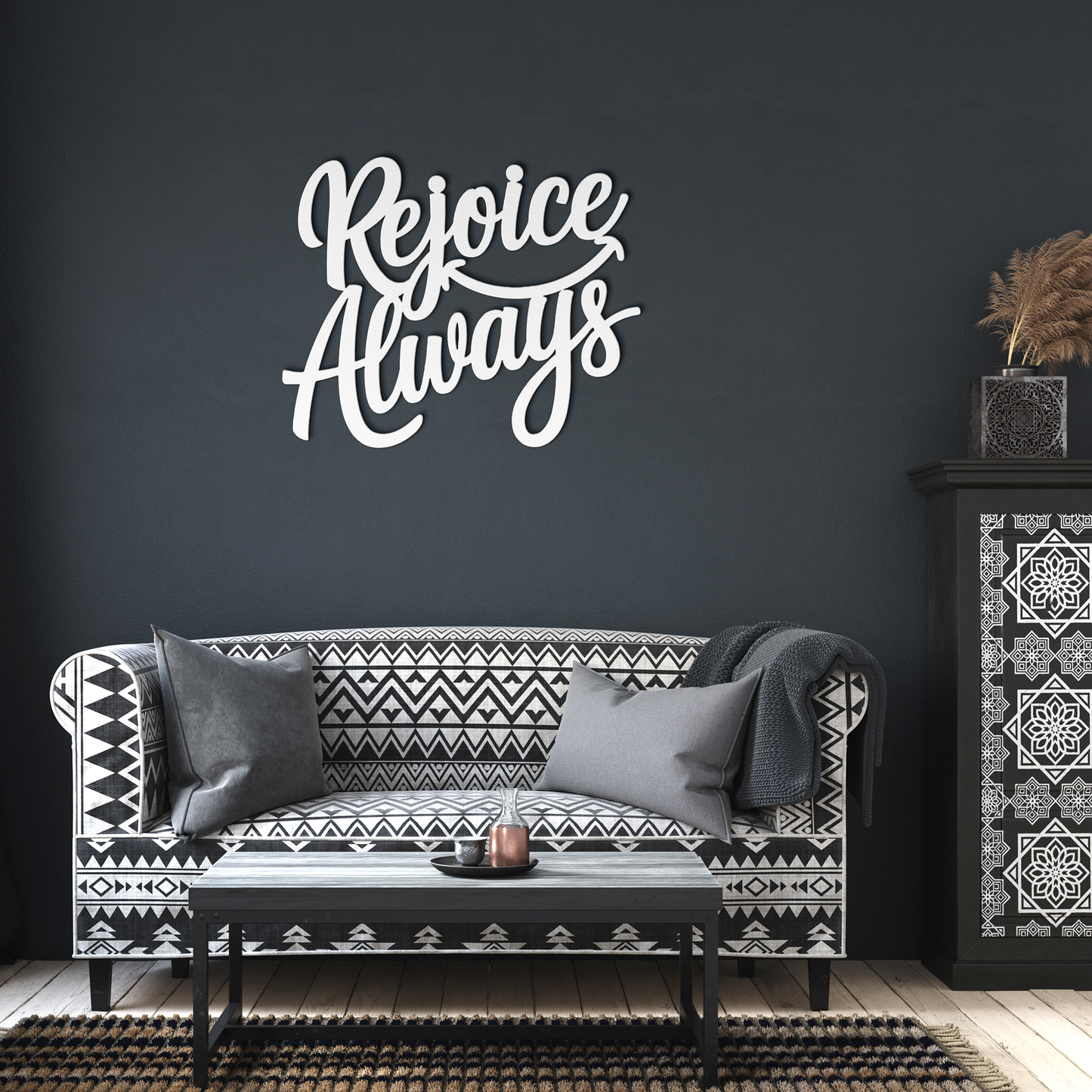 Christian_Metal_Sign_-_Rejoice_Always_White_Dark_Living_Room_Mockup.png