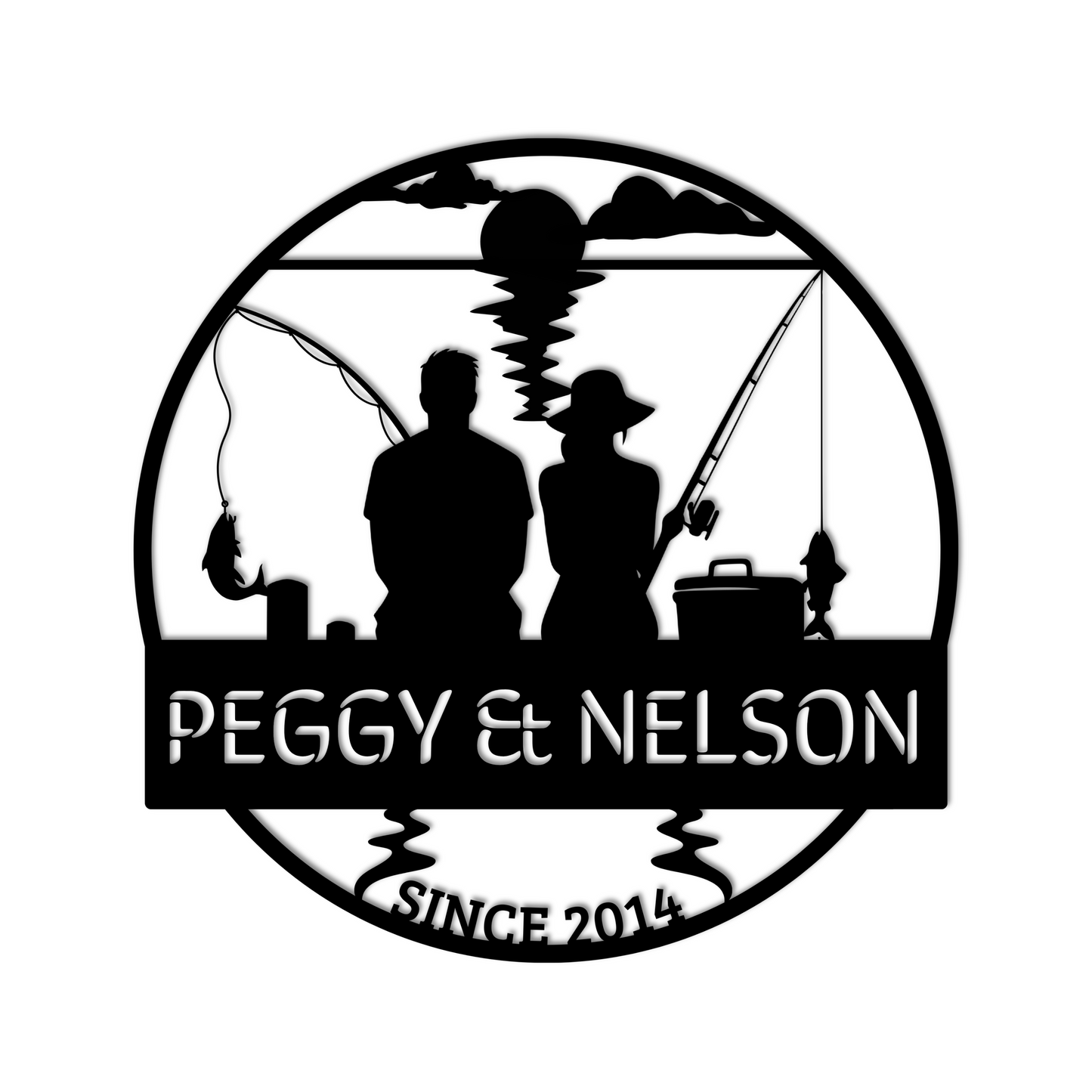 Silhouette of two people fishing with text "Peggy & Nelson" and "Since 2014" below, crafted from 18 gauge steel as a stunning Couple Fishing Together Metal Wall Art perfect for home decor.