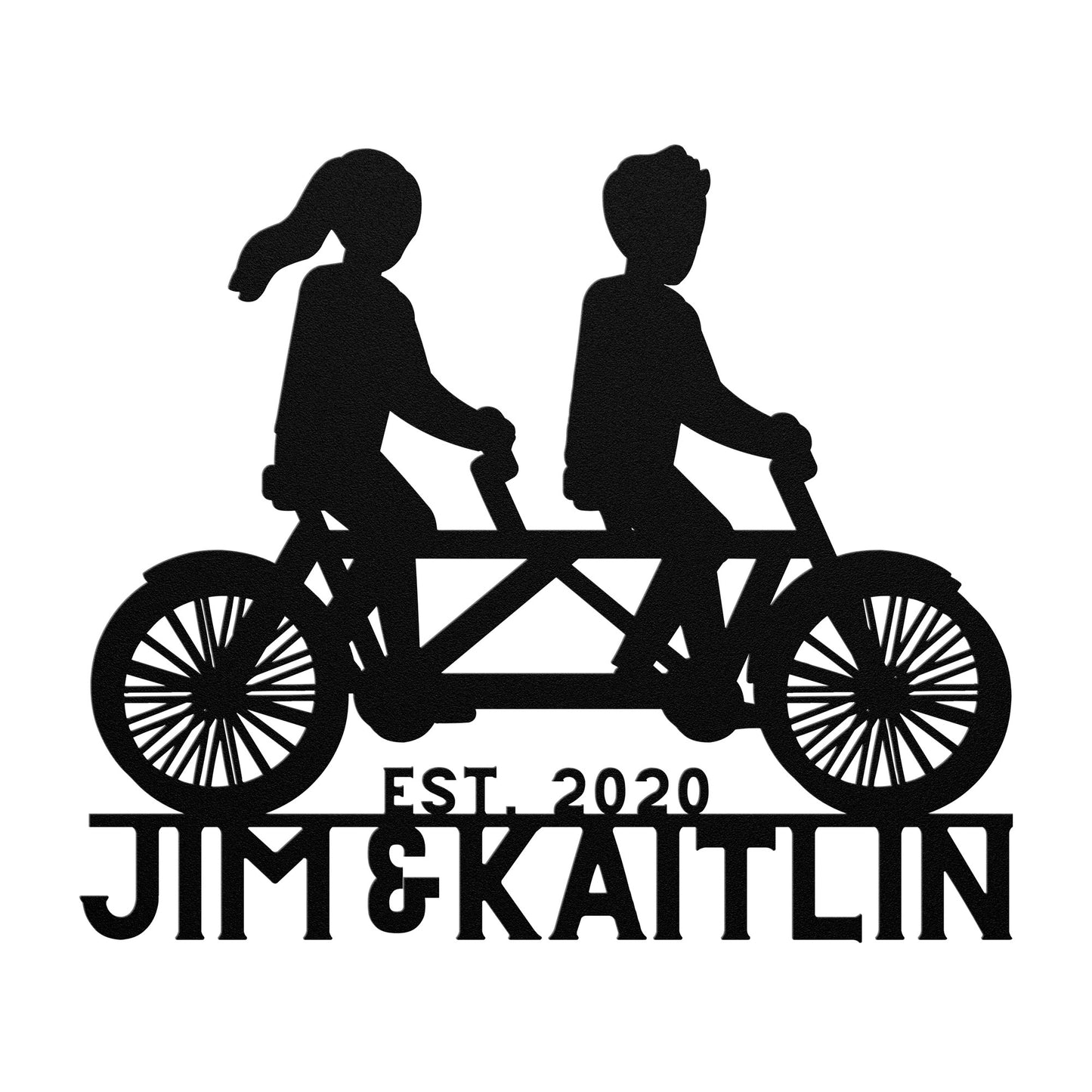 A powder coated silhouette of the "Couple Cycle on Tandem Bike Metal Wall Art" by teelaunch, perfect for home decor.