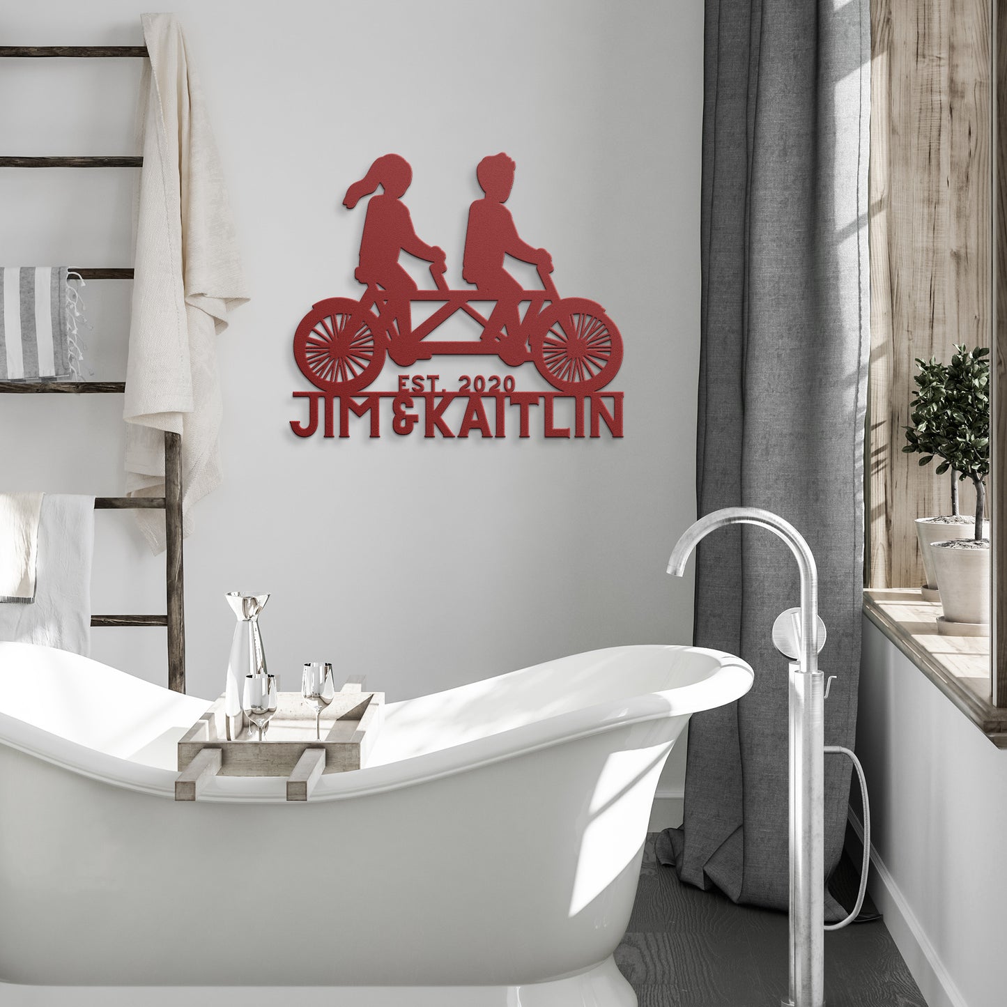 A bathroom with a bathtub and a Couple Cycle on Tandem Bike Metal Wall Art sign by teelaunch, featuring a stylish powder coated metal sign.