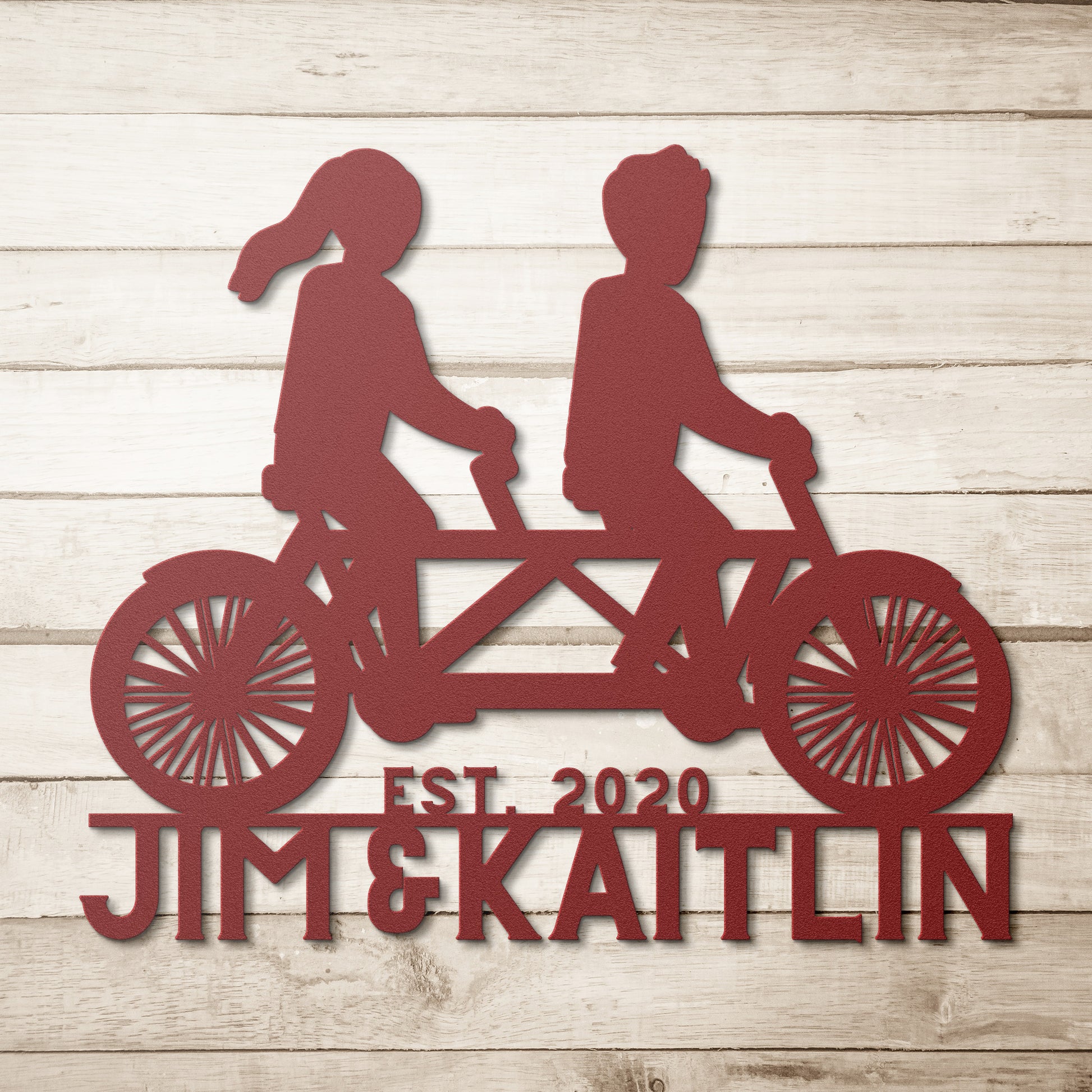 Jim and Katie riding a teelaunch Couple Cycle on Tandem Bike Metal Wall Art for home decor.