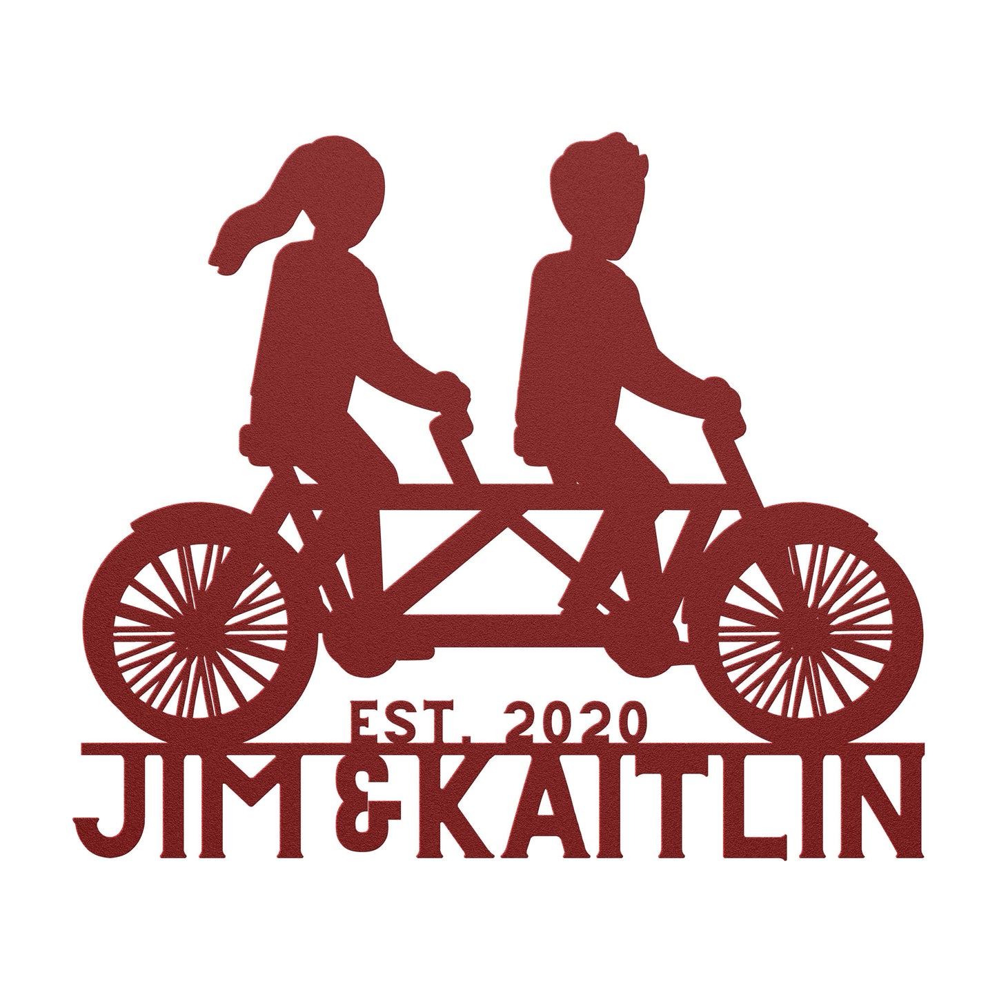 Jim and Katie's wedding logo is beautifully crafted on a Couple Cycle on Tandem Bike Metal Wall Art by teelaunch, perfect for adding a touch of elegance to their home decor.