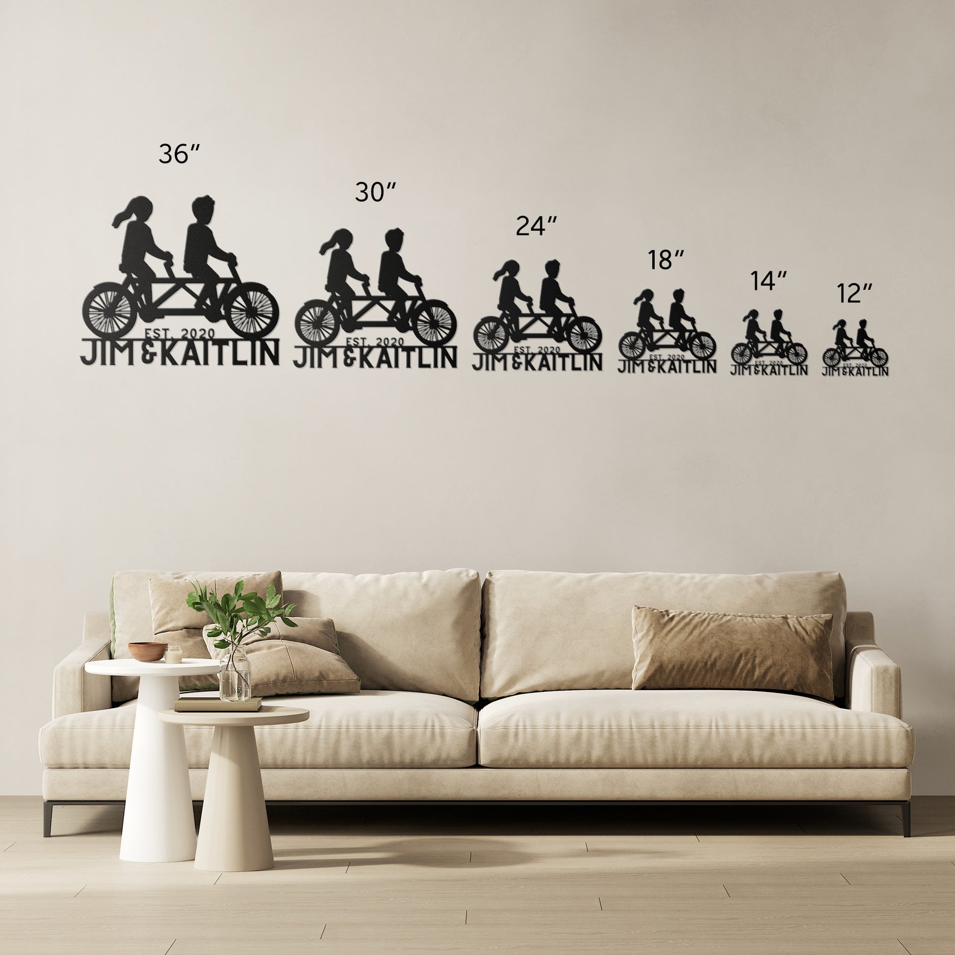 A teelaunch Couple Cycle on Tandem Bike Metal Wall Art featuring a silhouette of a woman riding a bike.