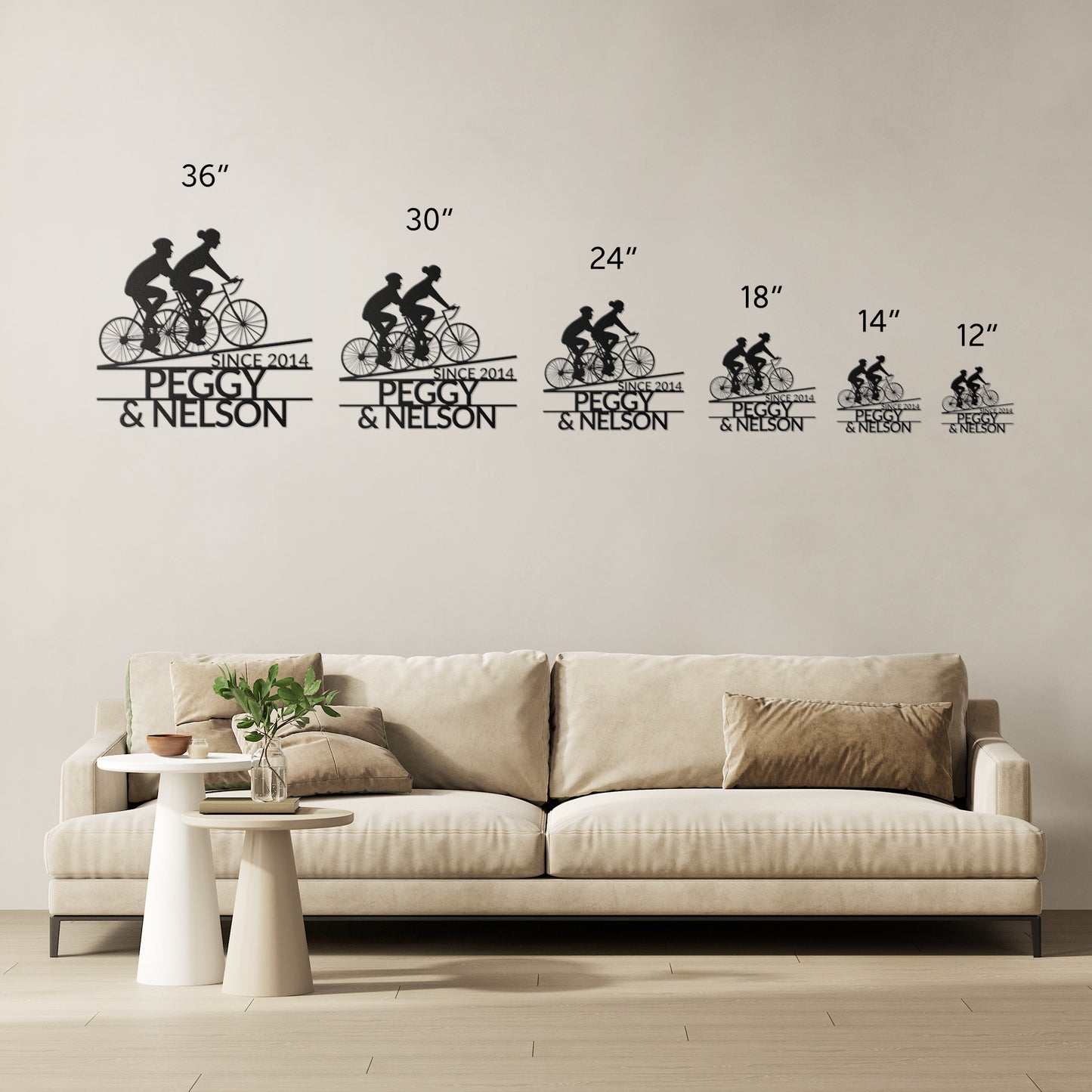 A teelaunch Personalized Couple Cycling Uphill Metal Wall Art Sign for couples who love to cycle together. It can be engraved with names and year established.