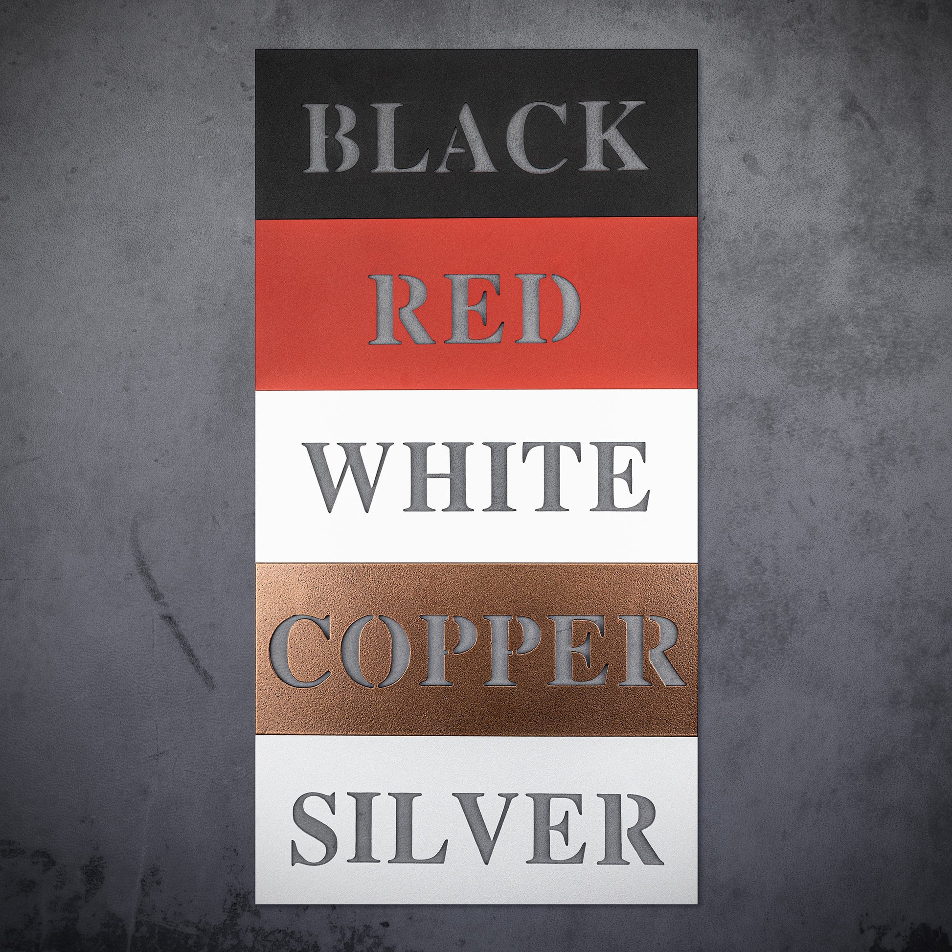 The "Couple Fishing Together Metal Wall Art" features five colored layers: black, red, white, copper, and silver. Each layer has the corresponding color name cut out in capital letters. Constructed from durable 18-gauge steel, this stylish metal sign enhances your home decor against a textured gray background.