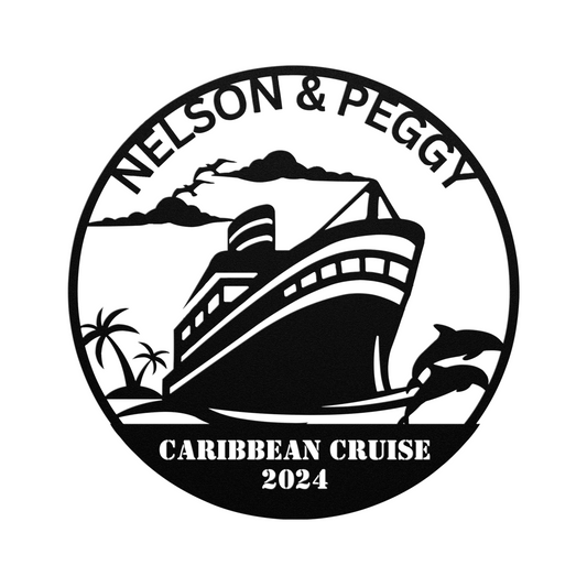 Metal wall art showcasing a cruise ship, dolphins, and palm trees crafted from sleek 18 gauge steel, personalized with the text "Nelson & Peggy Caribbean Cruise 2024.