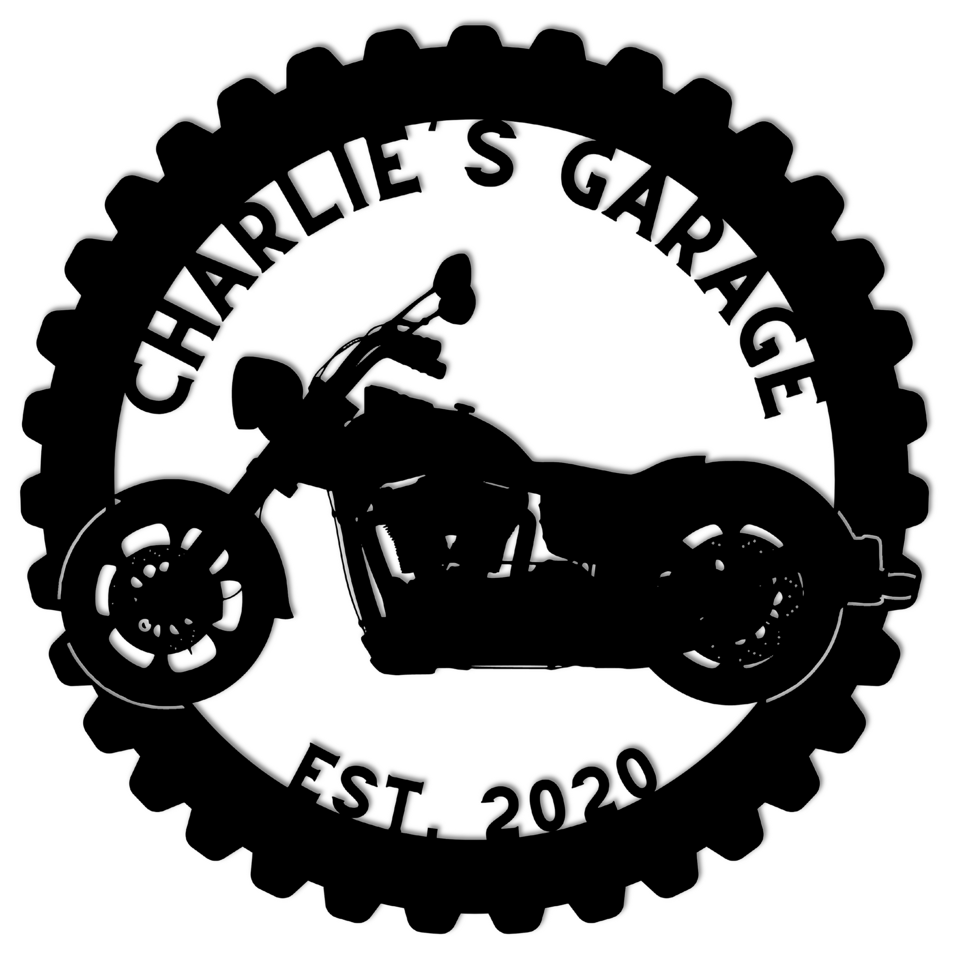 A black Metal Art Sign bearing the words "Charlie's Garage" featuring a motorcycle silhouette inside a gear-shaped border with "Est. 2020" at the bottom, expertly crafted on durable 18 gauge steel for a stunning Custom Motorcycle Garage Metal Art Sign perfect for home decor.