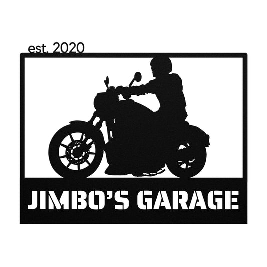 Logo featuring a silhouette of a person on a motorcycle with the text "jimbo's garage est. 2020" above and below the image, perfect for Custom Motorcycle Garage Sign Personalized Name Metal Plaque Man Cave Sign Metal Wall Art Decor Housewarming Father's Day Gift For Biker.