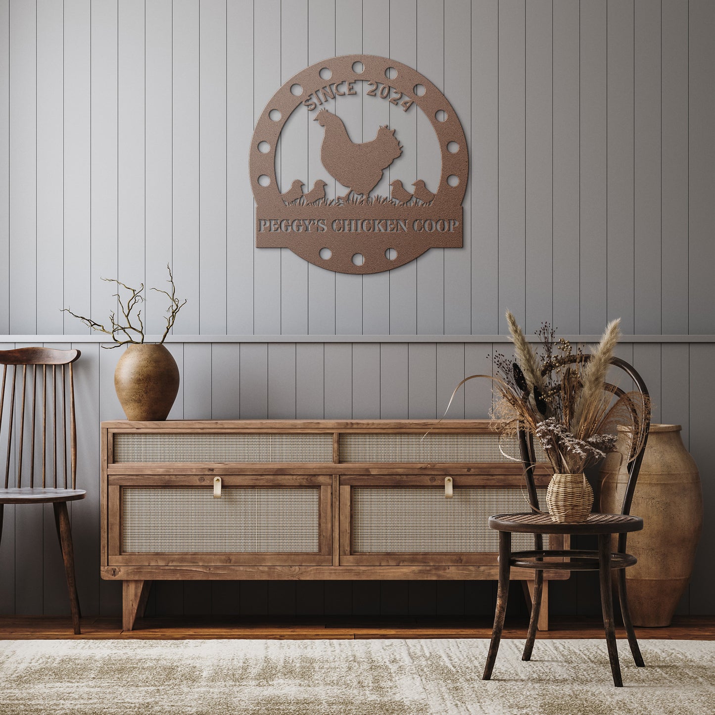 Rustic room with a wooden sideboard, two chairs, and decorative vases. The eye-catching Custom Chicken Coop Metal Sign with its powder-coated finish and chicken motif adds a touch of charming home decor to the space.
