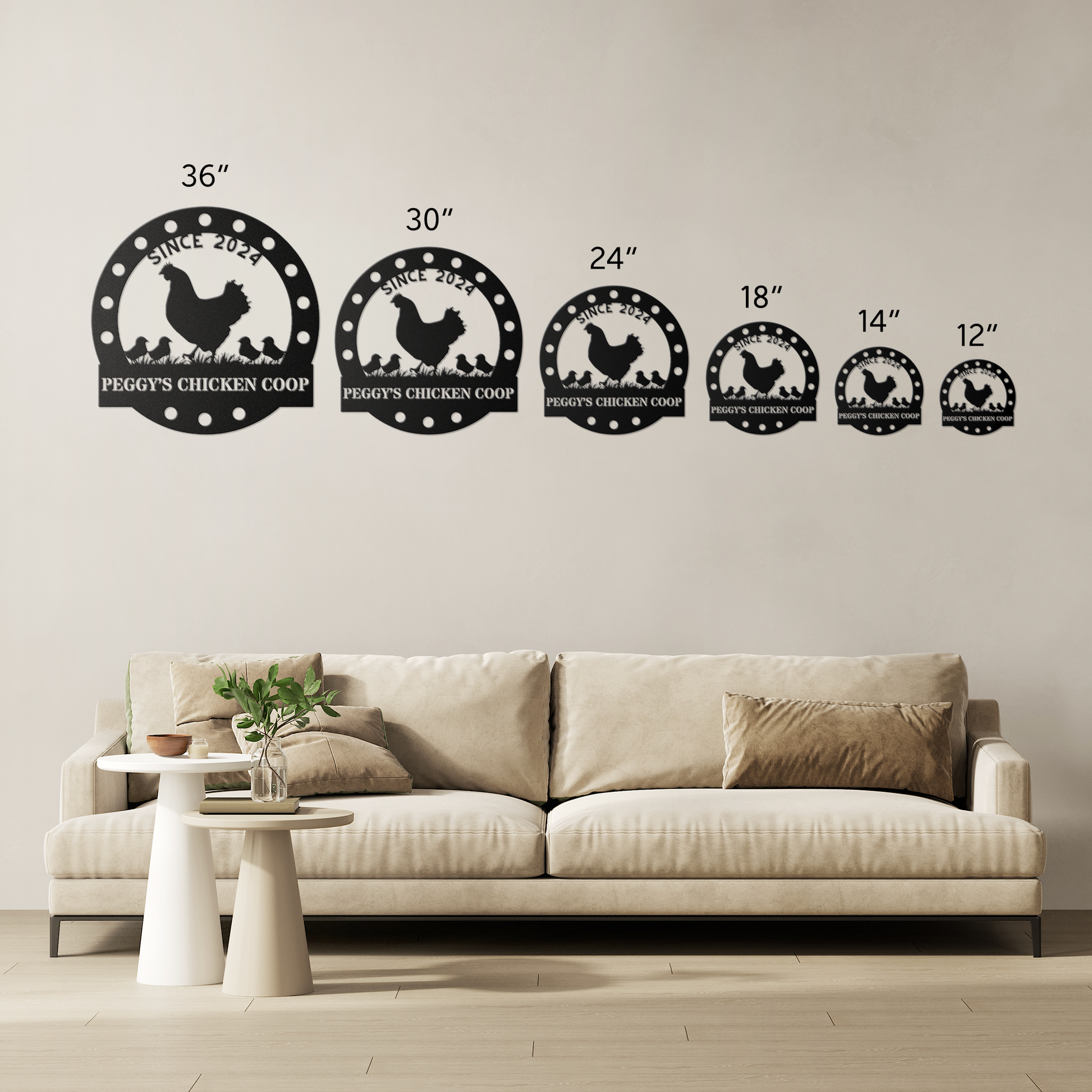 A living room with a beige sofa and a side table, featuring a custom touch of rustic charm with the "Custom Chicken Coop Metal Sign." This 18-gauge steel wall decal proudly displays "Peggy's Chicken Coop" with chicken silhouettes, enhancing the home decor since 2023.