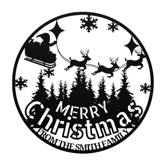 Featuring the silhouette of Santa's sleigh with reindeer soaring over a forest and surrounded by snowflakes, this powder-coated "Custom Christmas Metal Sign" is the perfect addition to your festive home decor. It includes the personalized message, "Merry Christmas from the Smith Family.
