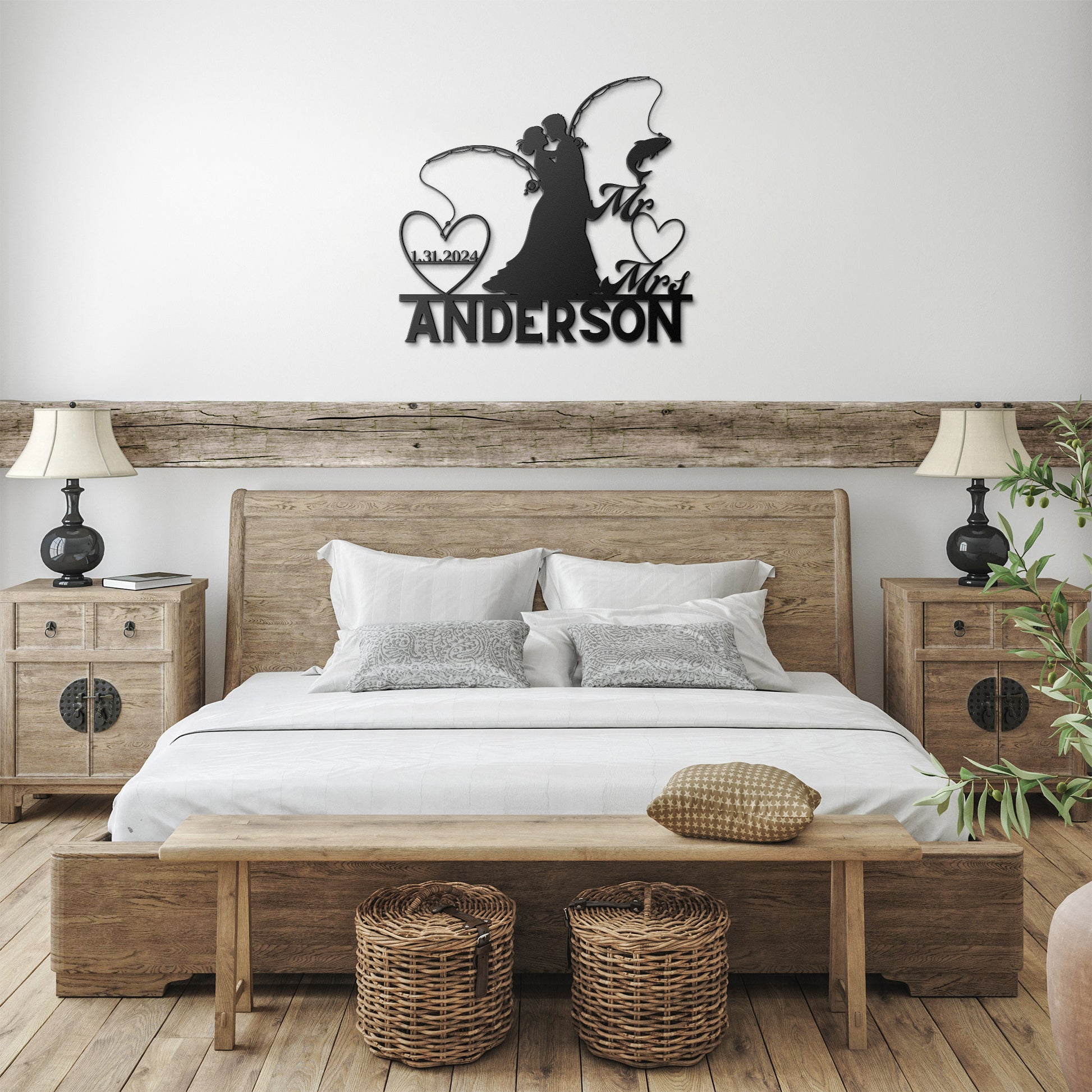 A wooden front door with stained glass and a Custom Fishing Couple Metal Wall Art reading "the anderson" next to a wall-mounted bell on a brick wall.