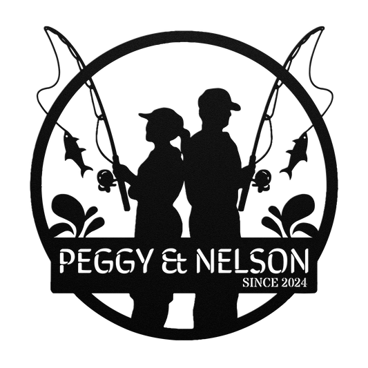 The Custom Fishing Couple Metal Wall Art features a back-to-back couple with fishing rods and fish, symbolizing shared adventures. Powder coated for durability, it reads "Peggy & Nelson Since 2024," making it an ideal piece of stylish home decor.