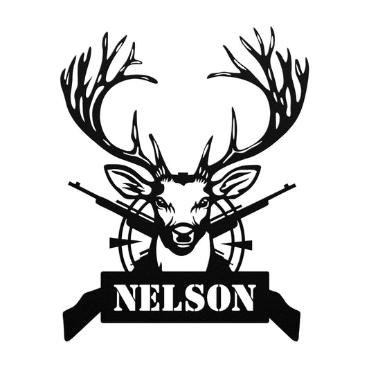 The Custom Hunting Metal Sign features a striking silhouette of a deer head with large antlers set against crossed rifles and a target, all powder coated for durability. The bold name "NELSON" is displayed above, making this metal sign a standout piece for any home decor.