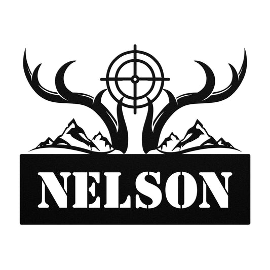 The Custom Hunting Metal Sign is made from 18 gauge steel and showcases deer antlers with a target symbol along with a mountain silhouette above the striking text "NELSON," making it a perfect addition for rustic home decor.