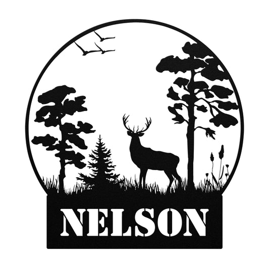 Silhouette image of a deer surrounded by trees and birds, expertly crafted from 18 gauge steel. This sophisticated Custom Hunting Metal Sign is personalized with the name "NELSON" at the bottom, making it an ideal choice for infusing your home decor with nature-inspired elegance.