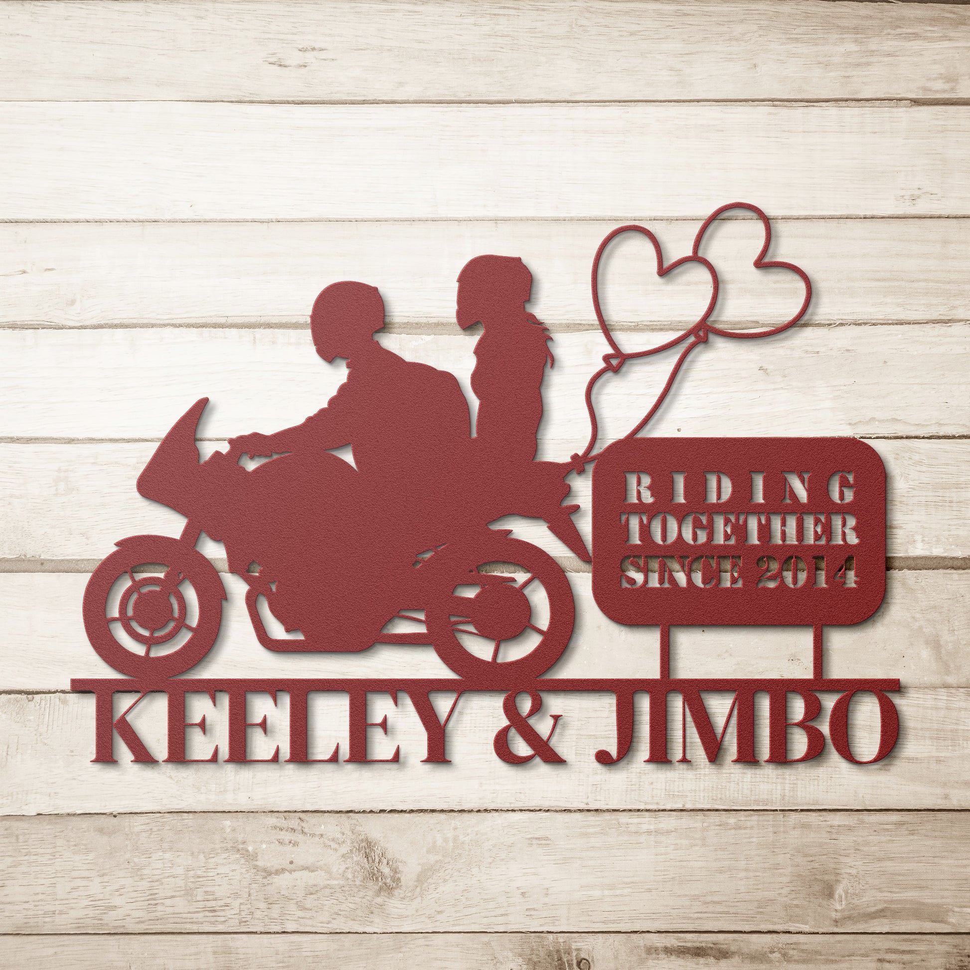 Golden Value SG's Custom Motorcycle Couple Metallic Wall Art Laser Cut Metal Sign reads "riding together since 2014"- a perfect biker wedding gift.