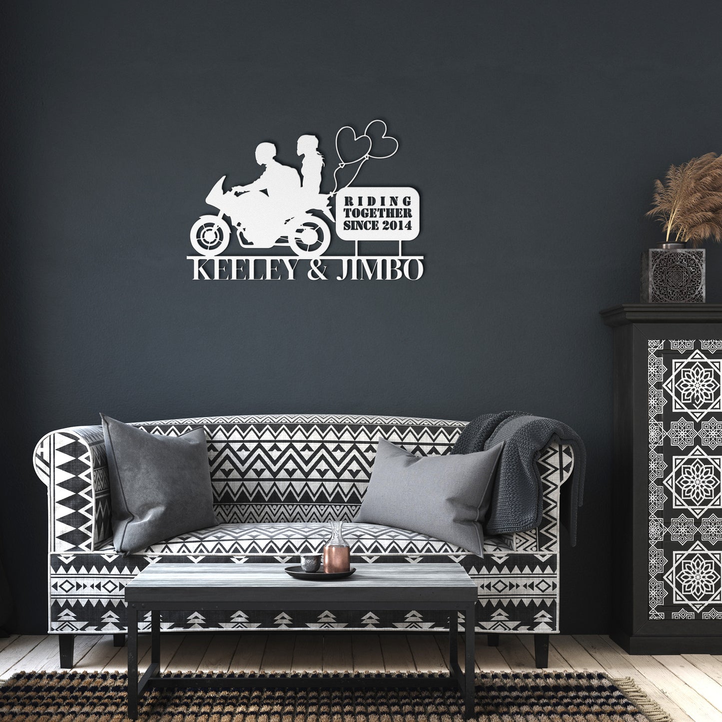 Golden Value SG's Custom Motorcycle Couple Metallic Wall Art Laser Cut Metal Sign reads "riding together since 2014"- a perfect biker wedding gift.