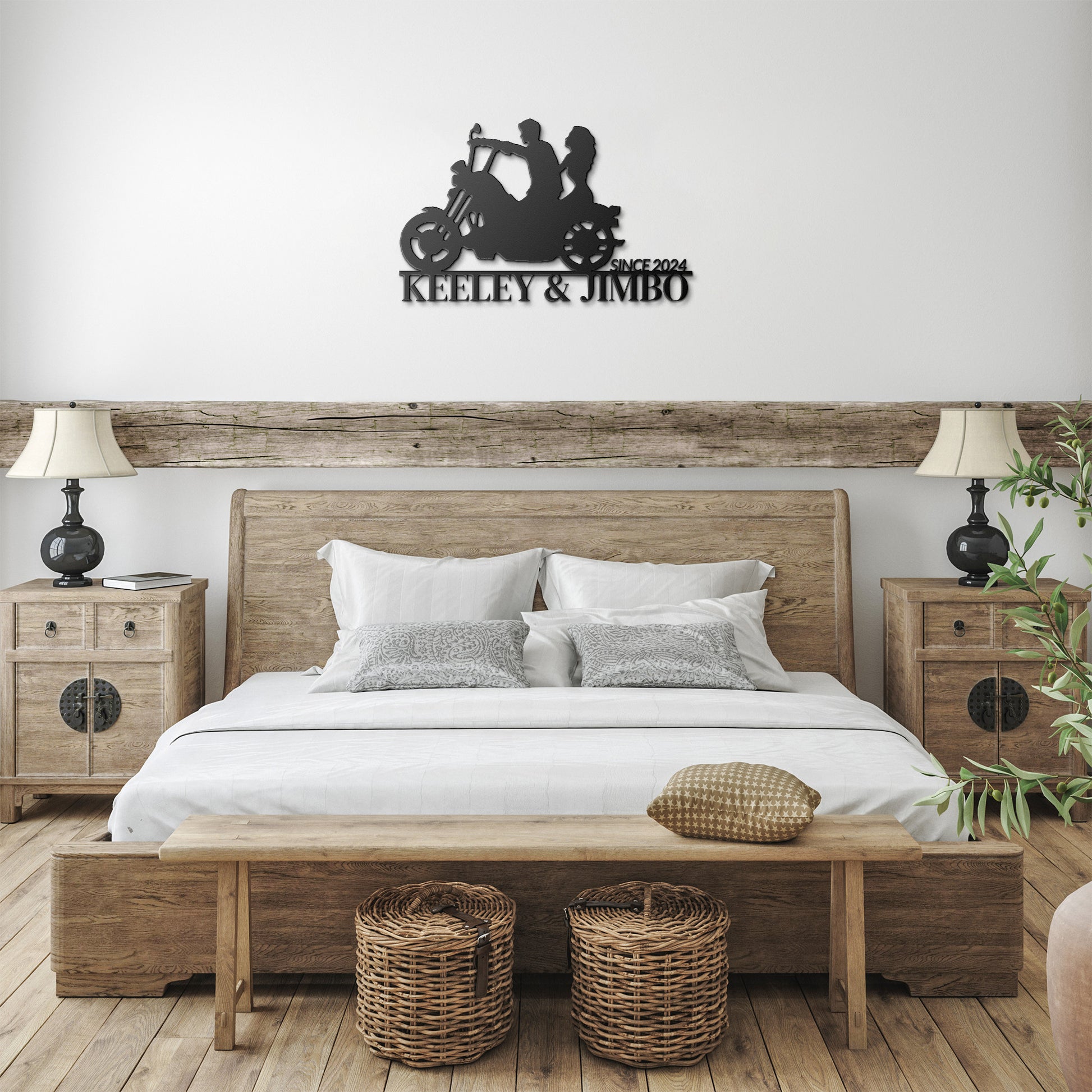 Silhouette of a couple riding a motorcycle with the text "KEELEY & JIMBO" and "SINCE 2024" below them, crafted from premium 18 gauge steel. This striking Custom Motorcycle Couple Metallic Wall Art makes for perfect home decor.

