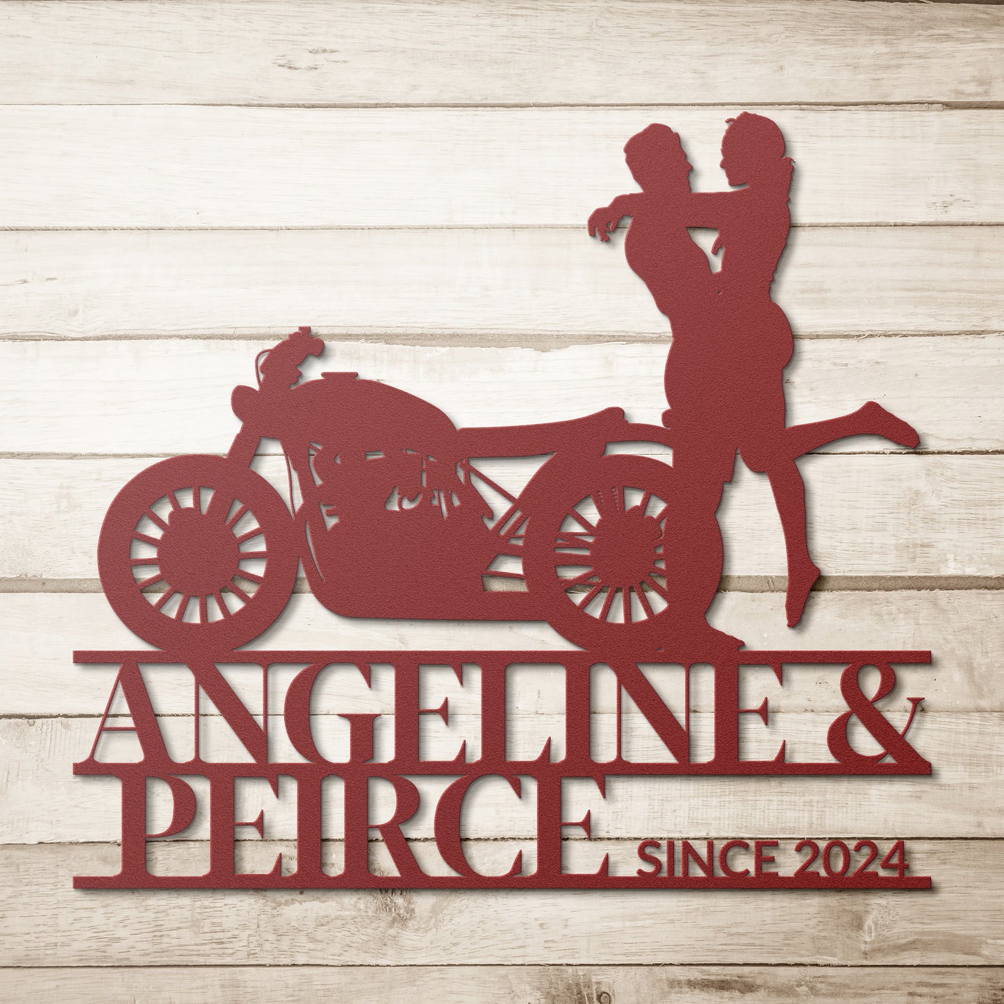 Golden Value SG's Custom Motorcycle Couple Metallic Wall Art, featuring a silhouette of a couple embracing beside a motorcycle with the text "angeline & peirce since 2024" below.