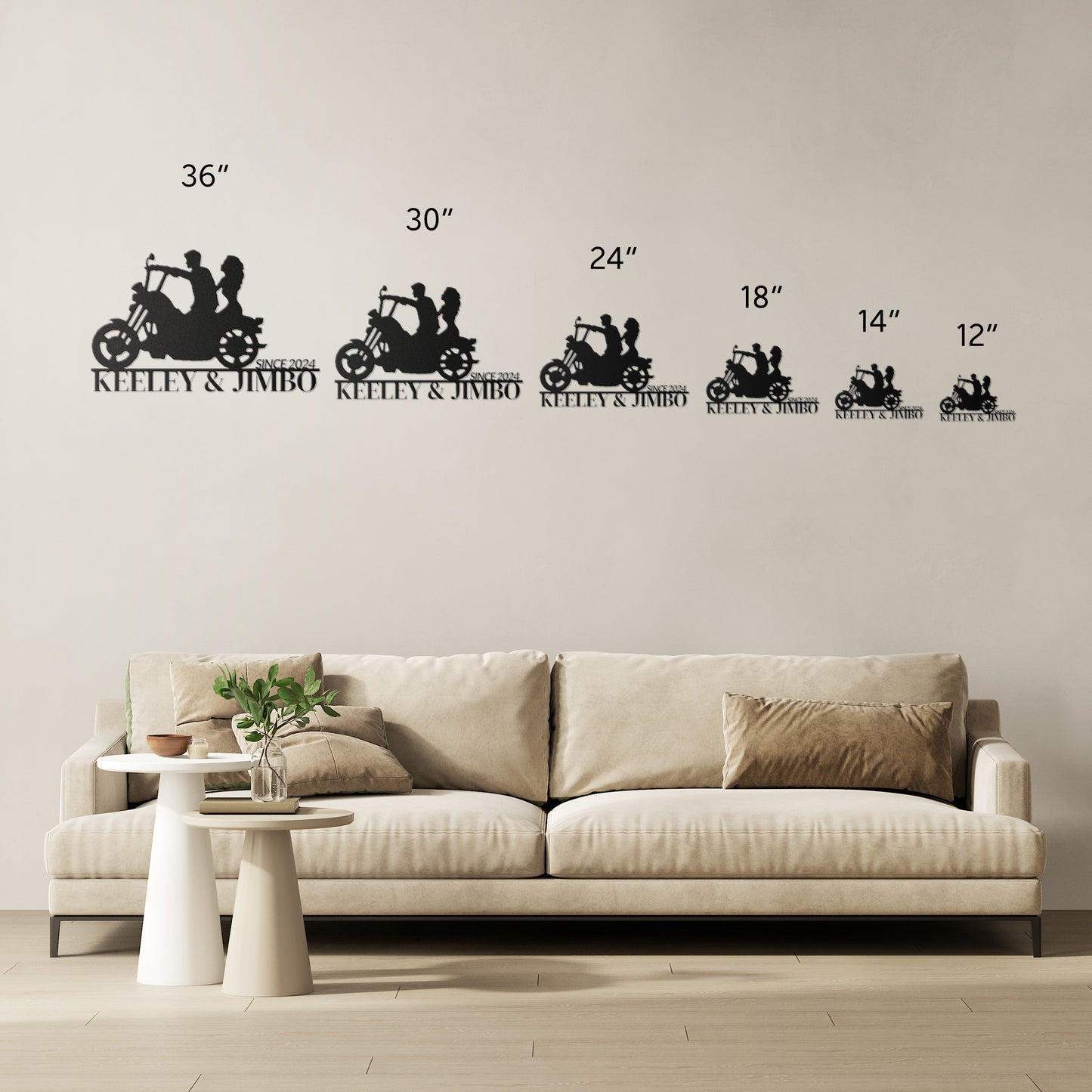 Silhouette of a couple riding a motorcycle with the text "KEELEY & JIMBO" and "SINCE 2024" below them, crafted from premium 18 gauge steel. This striking Custom Motorcycle Couple Metallic Wall Art makes for perfect home decor.

