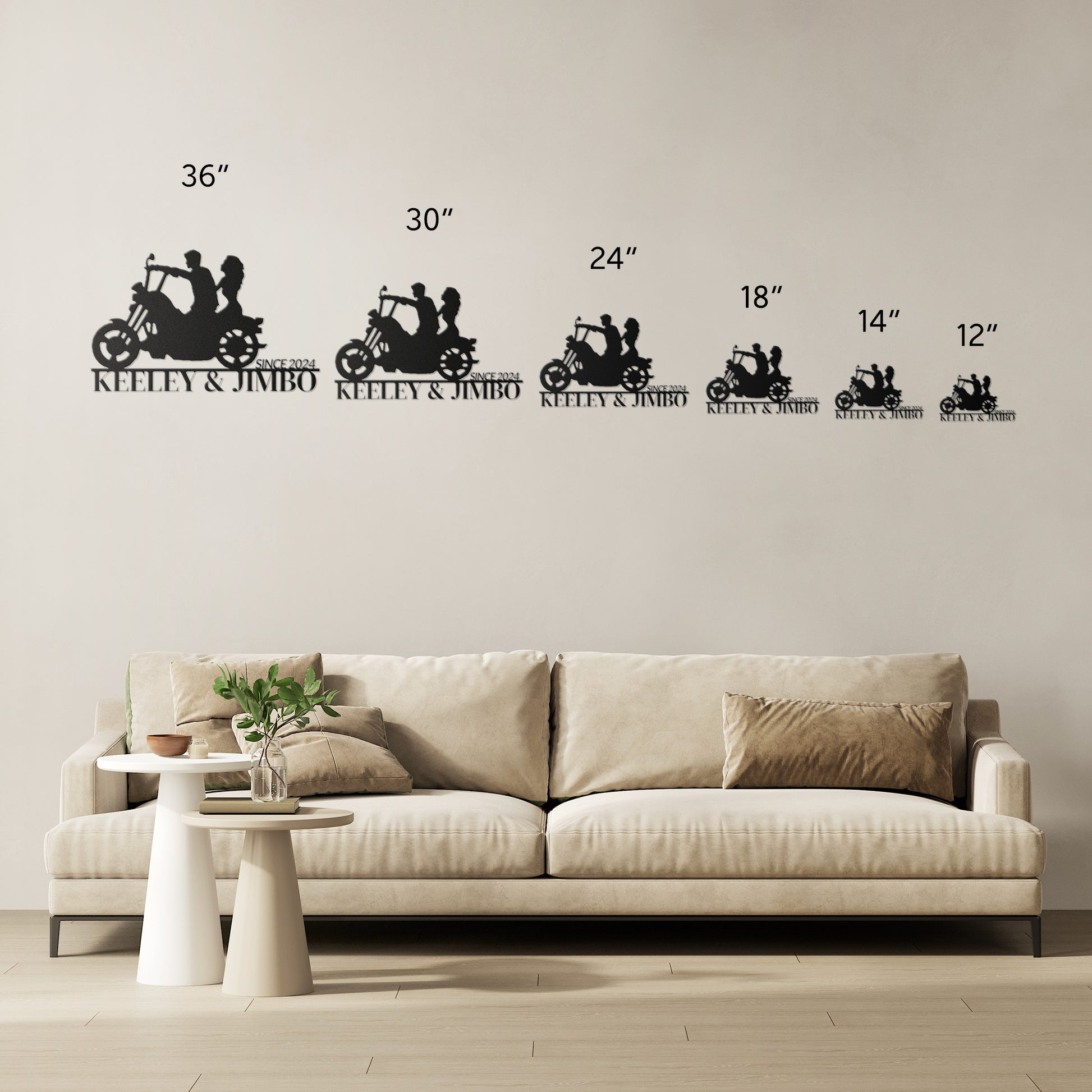 Silhouette of a couple riding a motorcycle with the text "KEELEY & JIMBO" and "SINCE 2024" below them, crafted from premium 18 gauge steel. This striking Custom Motorcycle Couple Metallic Wall Art makes for perfect home decor.

