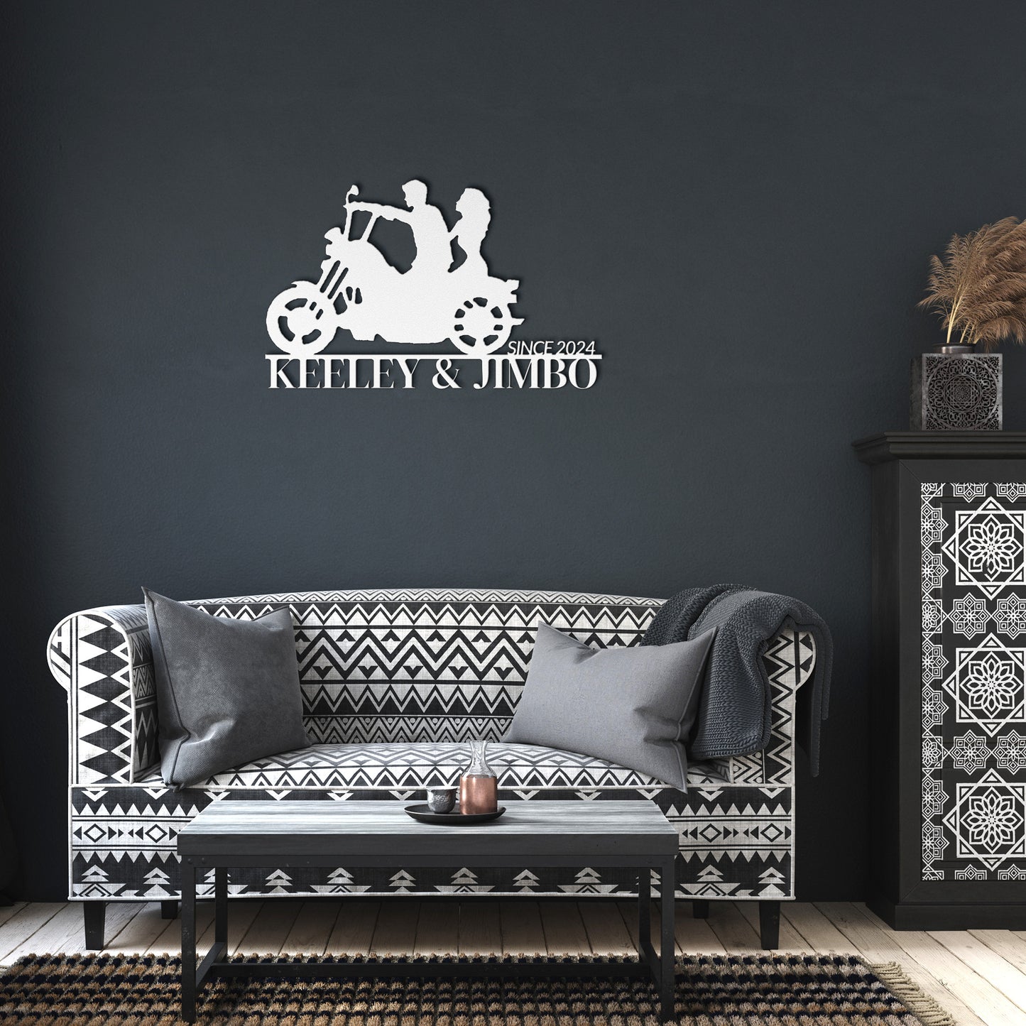 Silhouette of a couple riding a motorcycle with the text "KEELEY & JIMBO" and "SINCE 2024" below them, crafted from premium 18 gauge steel. This striking Custom Motorcycle Couple Metallic Wall Art makes for perfect home decor.

