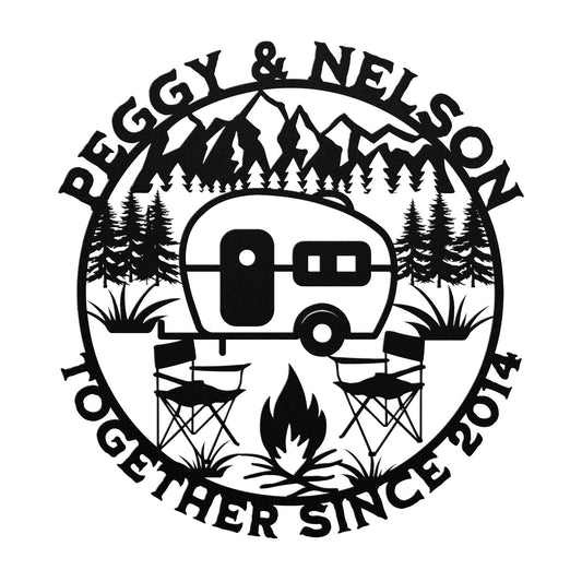 Illustration of a caravan with two chairs by a campfire, surrounded by trees and mountains, featured on the Custom Outdoor Caravan Metal Sign made from 18 gauge steel. Ideal for home decor, it includes the text "Peggy & Nelson Together Since 2014.