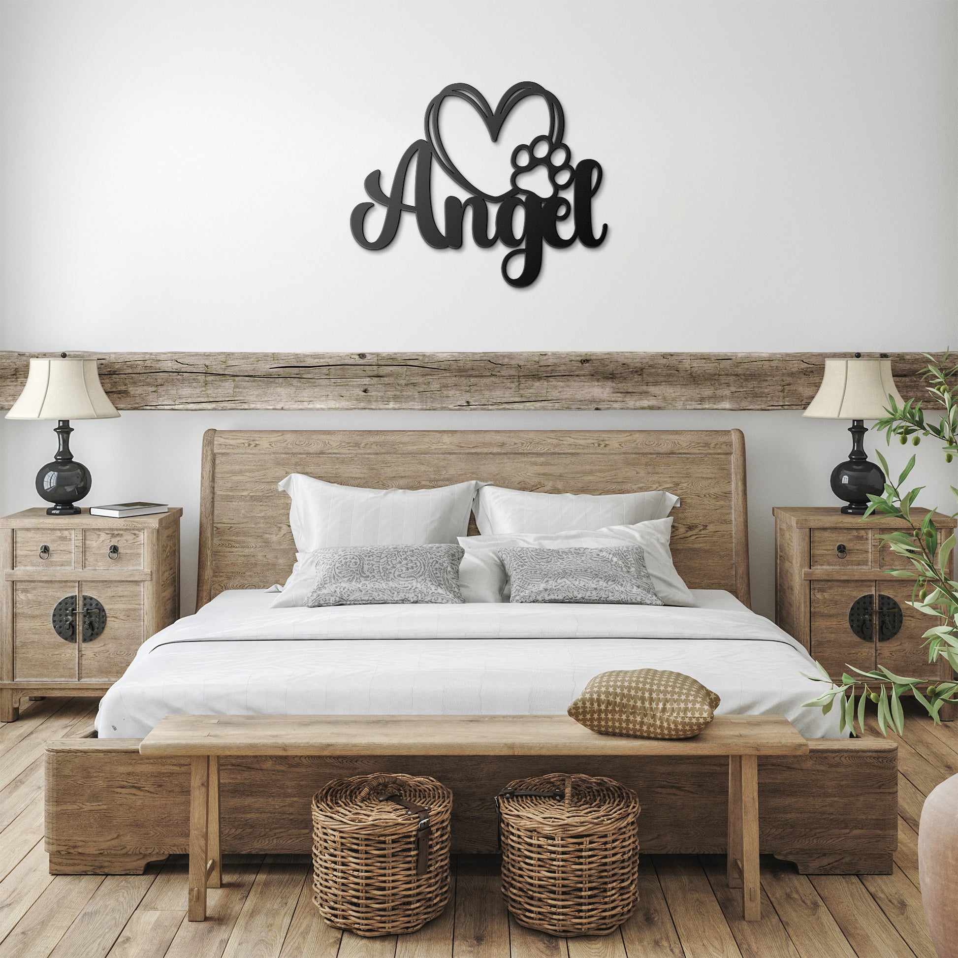 A wooden door with a glass panel in the center is set in a brick wall. To the left of the door is a potted plant with white flowers, and an 18 gauge steel sign that reads "Angel" with a heart and pawprint adds charm to the home decor. This unique touch is provided by the Custom Pet Name Metal Sign with Heart and Paw.