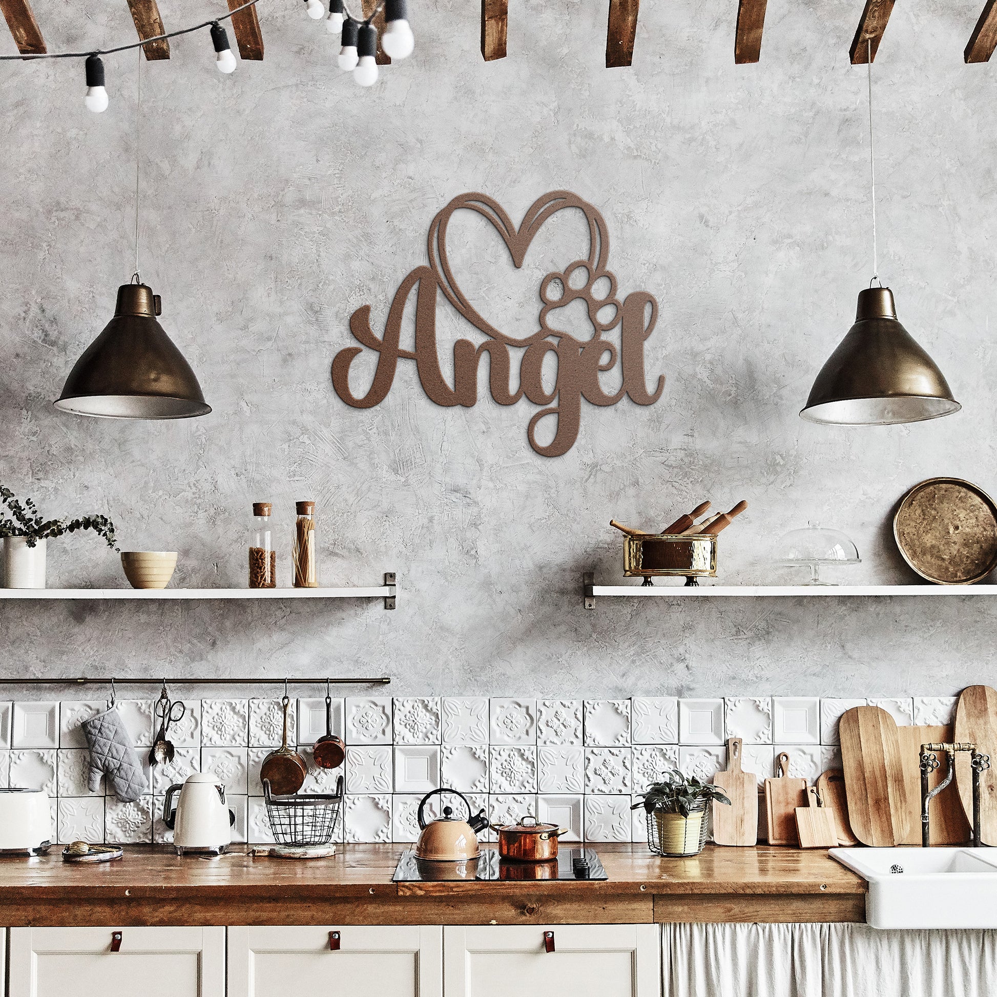 A wooden door with a glass panel in the center is set in a brick wall. To the left of the door is a potted plant with white flowers, and an 18 gauge steel sign that reads "Angel" with a heart and pawprint adds charm to the home decor. This unique touch is provided by the Custom Pet Name Metal Sign with Heart and Paw.