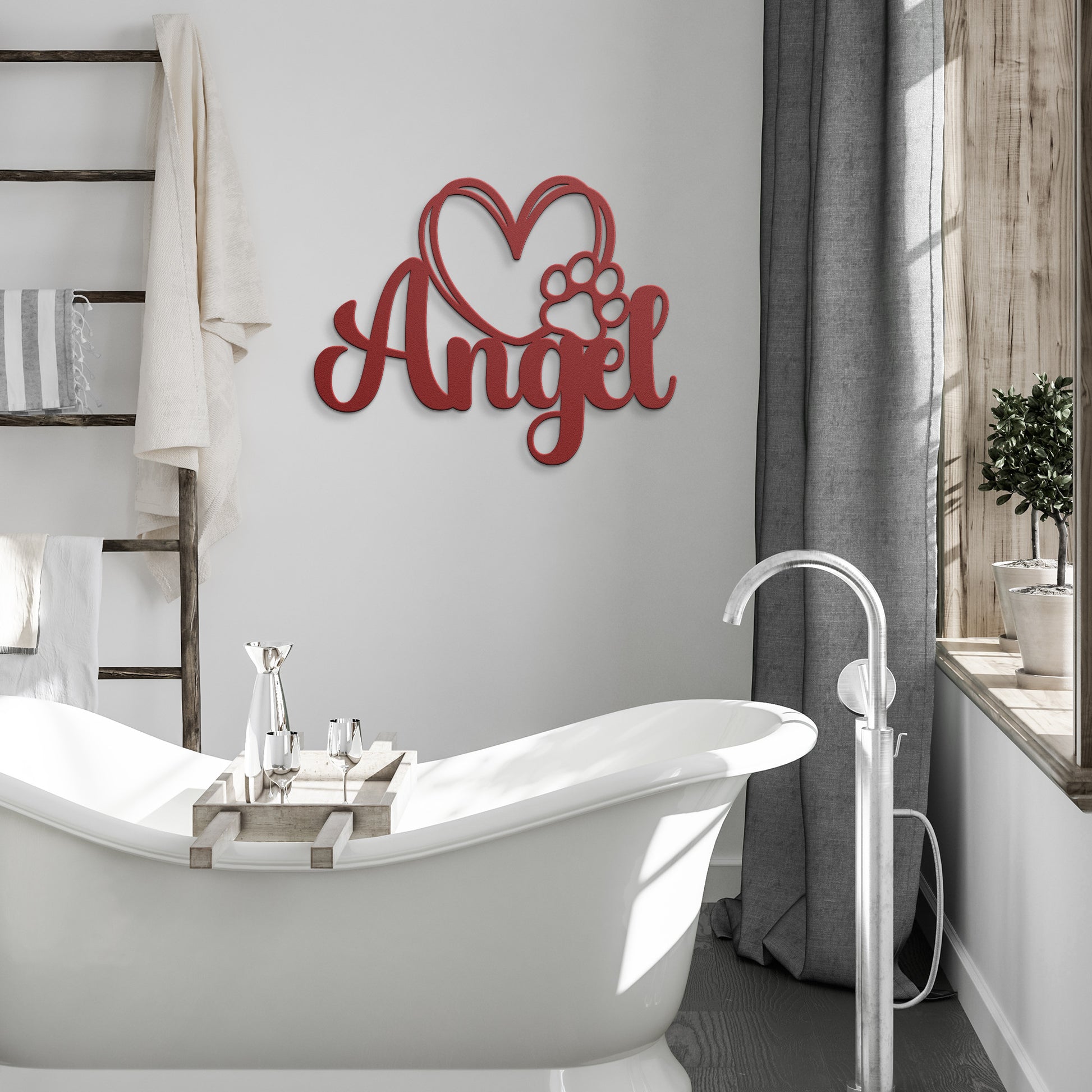 A wooden door with a glass panel in the center is set in a brick wall. To the left of the door is a potted plant with white flowers, and an 18 gauge steel sign that reads "Angel" with a heart and pawprint adds charm to the home decor. This unique touch is provided by the Custom Pet Name Metal Sign with Heart and Paw.