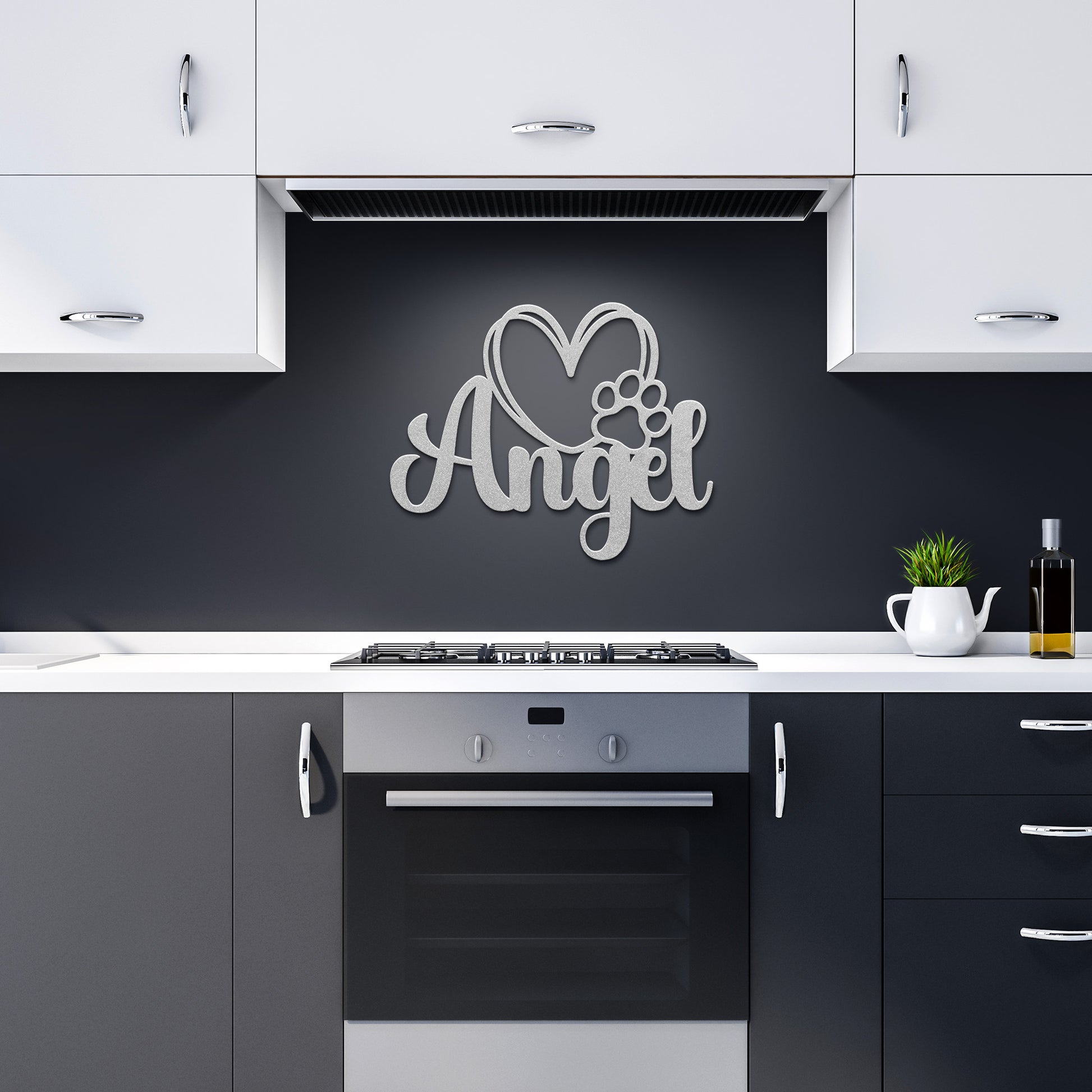 A wooden door with a glass panel in the center is set in a brick wall. To the left of the door is a potted plant with white flowers, and an 18 gauge steel sign that reads "Angel" with a heart and pawprint adds charm to the home decor. This unique touch is provided by the Custom Pet Name Metal Sign with Heart and Paw.