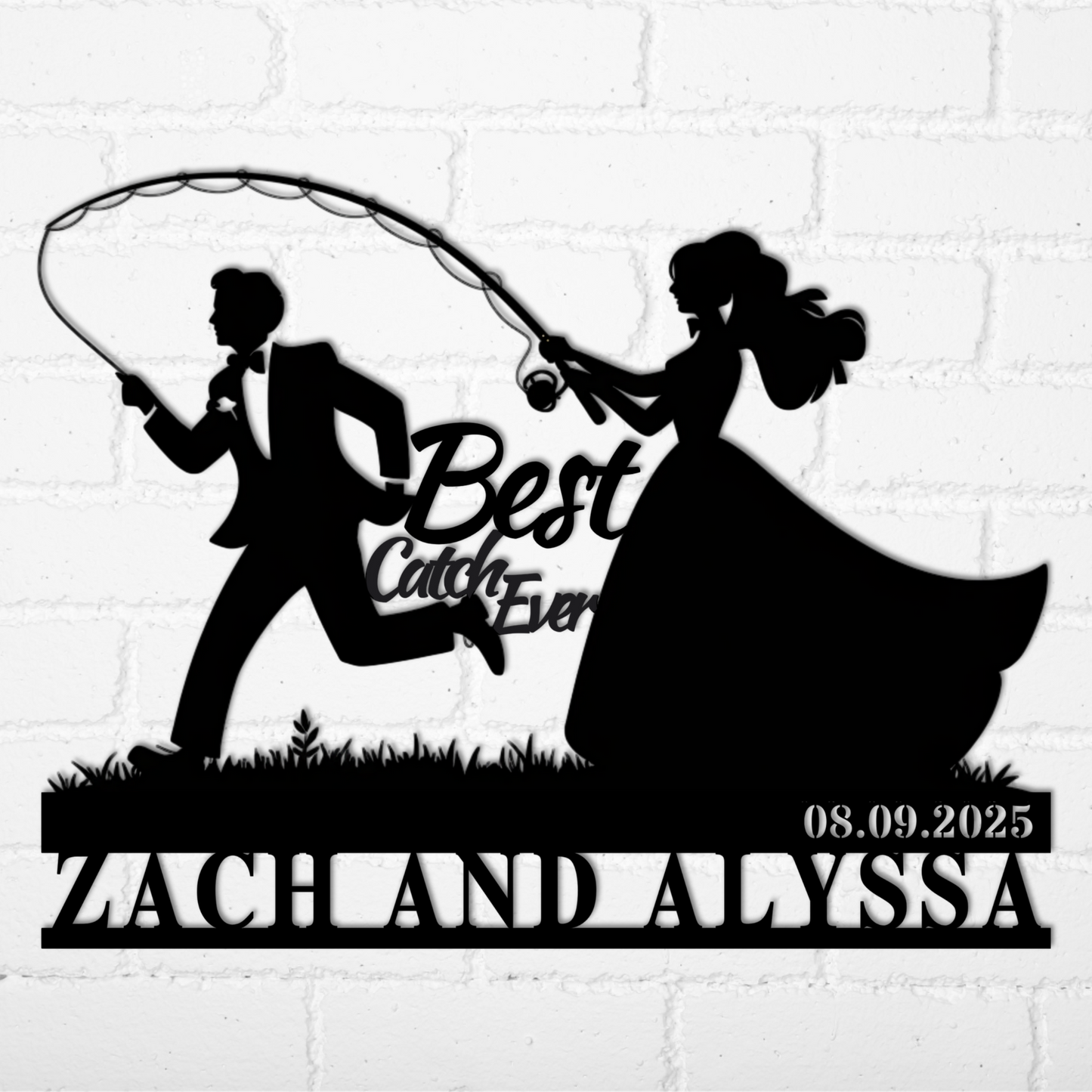 Capture a playful moment with the Custom Fishing Couple Wedding Metal Wall Art—featuring a bride reeling in her groom, “Best Catch Ever,” and personalized details, all on a white brick background. Available from MEM Design Studio.