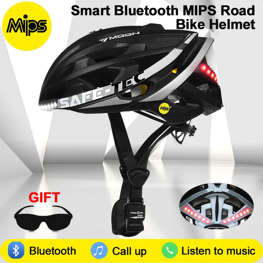 Cycling Helmet Mips Anti-collision Safety Bicycle Helmet Smart Music Bluetooth Bike Helmets Callable Cycling Cap with Led Light with rear red light and front vent, displayed with bonus sunglasses and icons for Bluetooth, call, and music features.