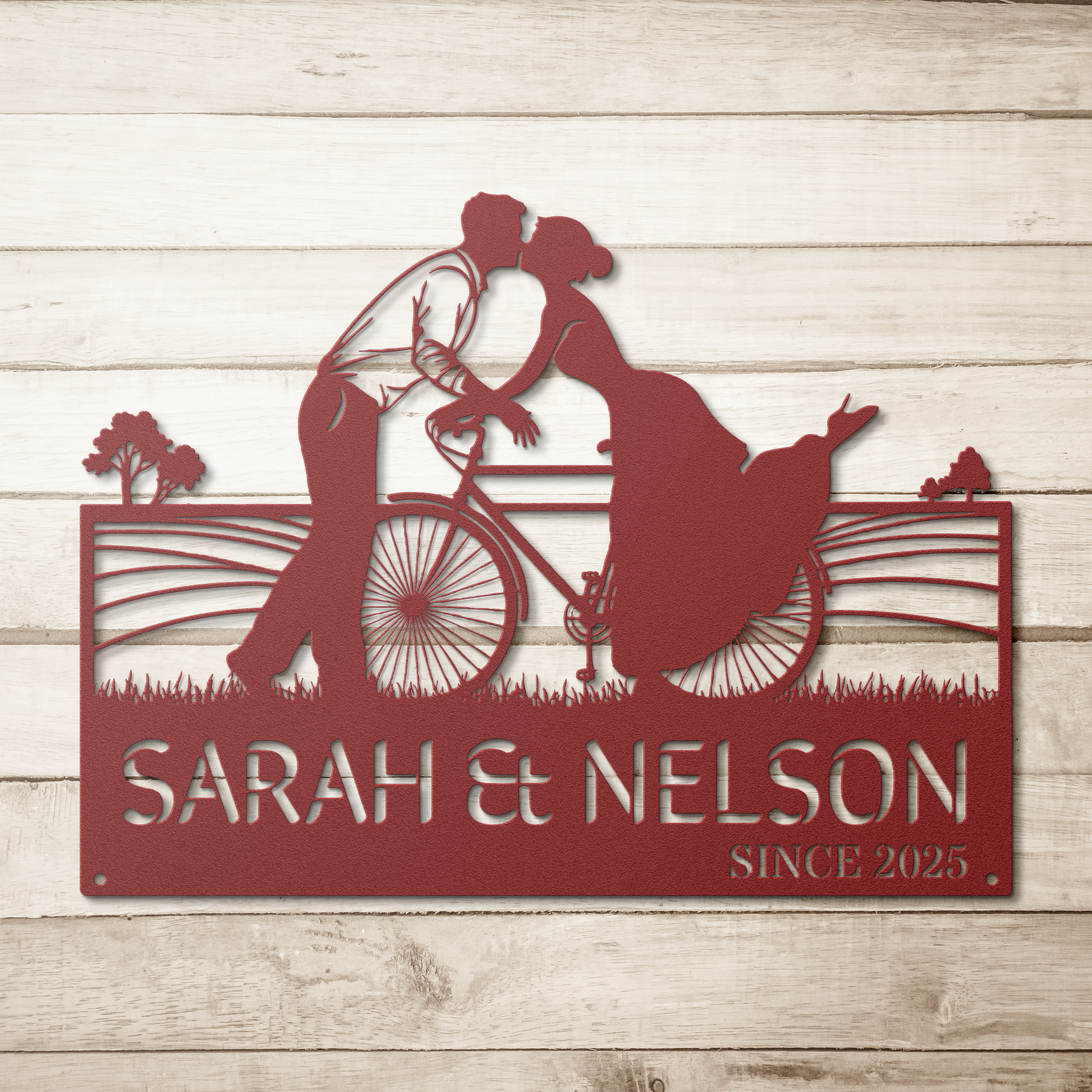 Cycling_Couple_Kissing_Metal_Sign_Red_Simple_Wood_BKGD_Mockup.png
