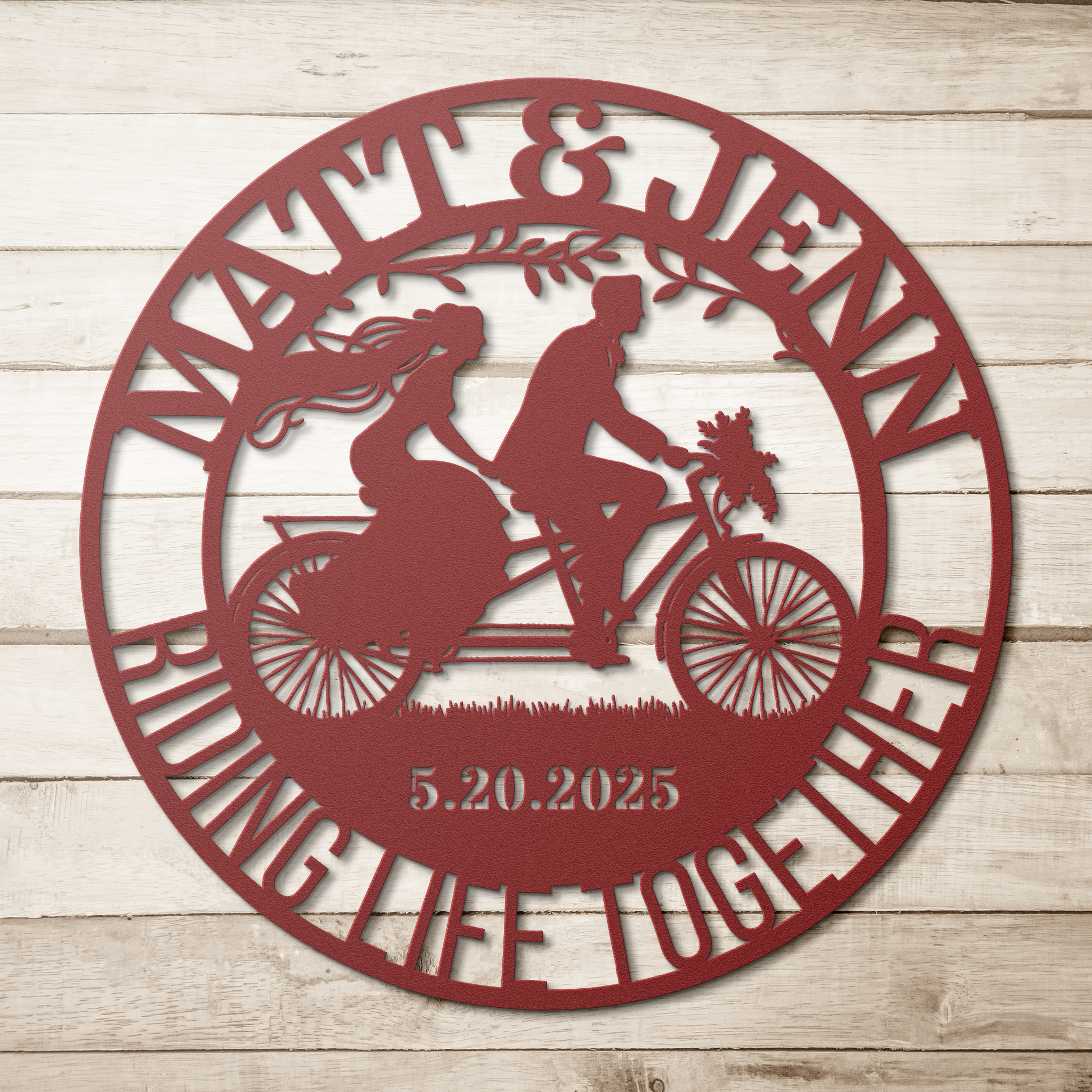 Cycling_Couple_Wedding_Metal_Wall_Art_Red_Simple_Wood_BKGD_Mockup.png