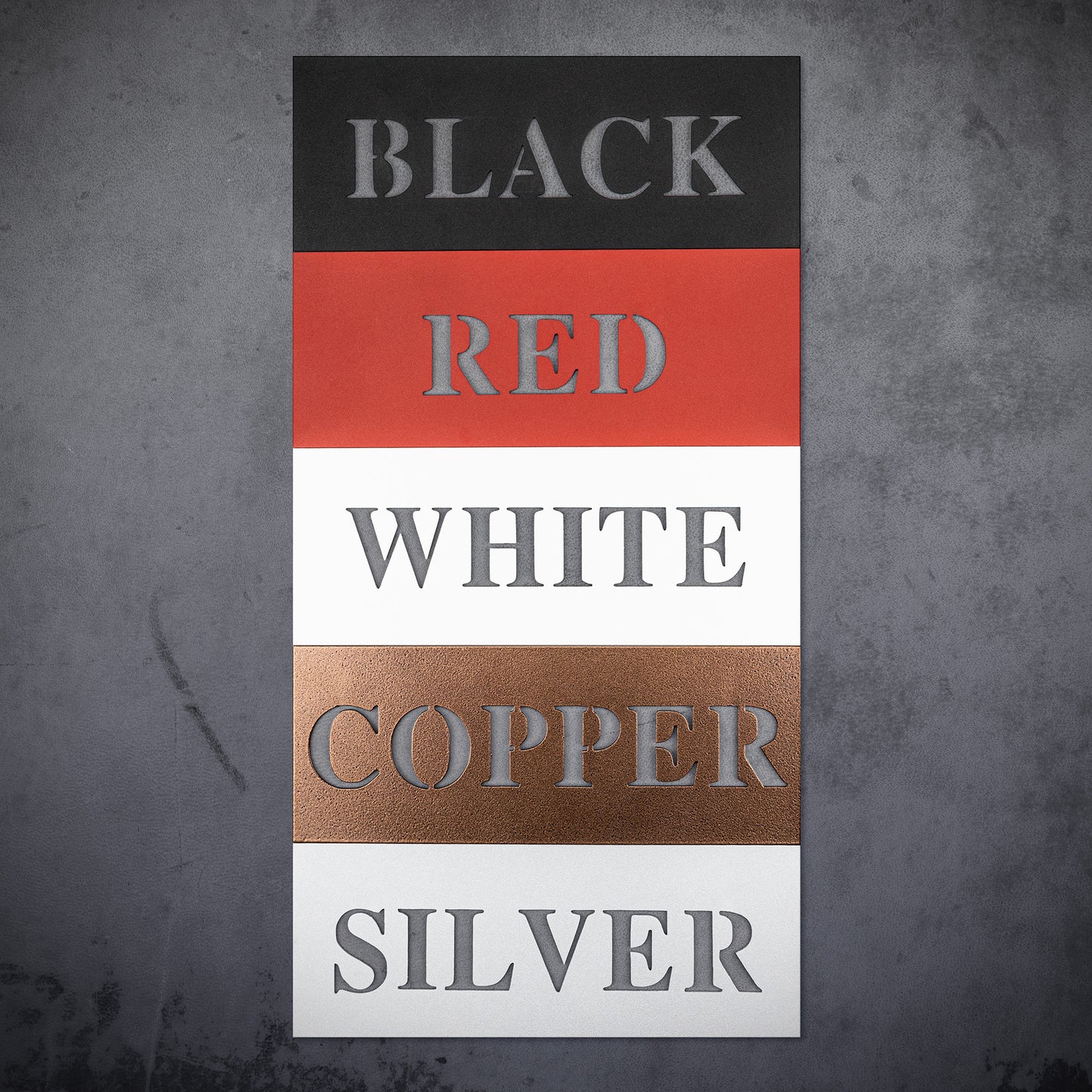 The FEMALE BIKER LINE ART metal sign features the words "BLACK," "RED," "WHITE," "COPPER," and "SILVER" in striking metallic shades against matching colored backgrounds, ideal for adding a sleek touch to your home decor. Each color is further enhanced with a durable, powder-coated finish.