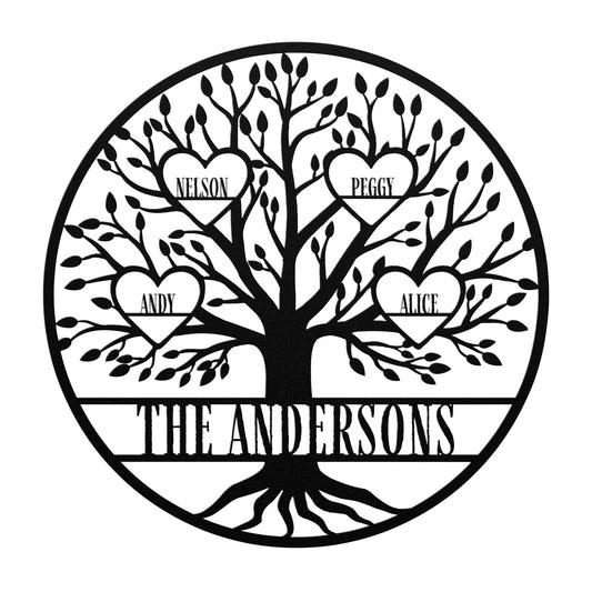 A circular family tree illustration designed as a Custom Tree of Life with "The Andersons" at the bottom, showcasing a personalized metal sign with four hearts featuring the names: Nelson, Peggy, Andy, and Alice.