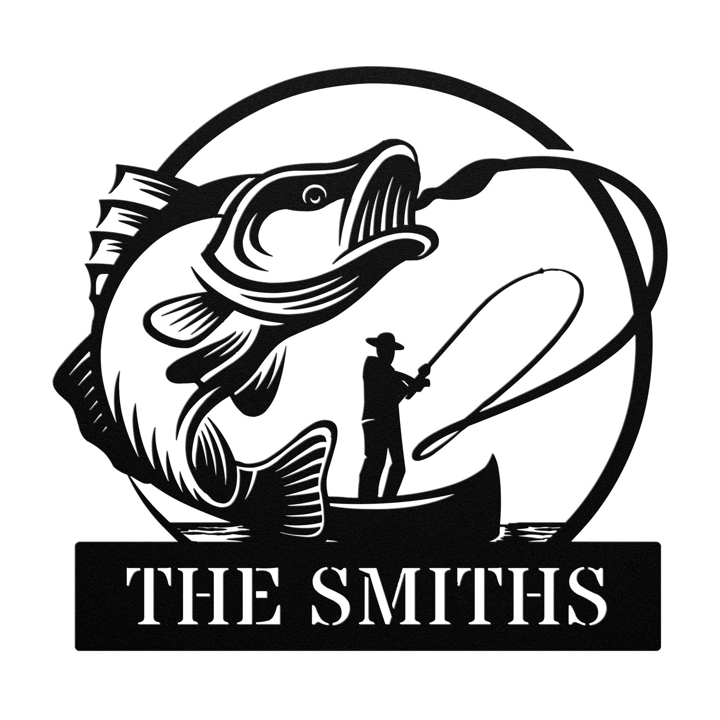 This 18 gauge steel Fishing Metal Sign features a black and white illustration of a person fishing from a boat, with a large fish leaping ahead. It's an ideal piece for home decor, with the text "The Smiths" below the image.