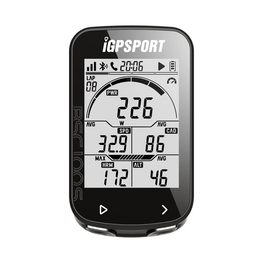 A GPS Bike Computer IGPSPORT BSC100S Cycle Wireless Speedometer displaying cycling metrics such as power, speed, heart rate, and altitude on its screen.