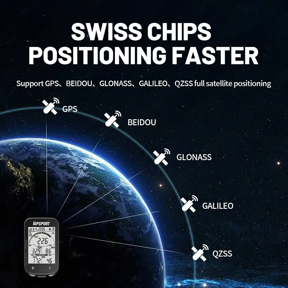 A GPS Bike Computer IGPSPORT BSC100S Cycle Wireless Speedometer displaying cycling metrics such as power, speed, heart rate, and altitude on its screen.